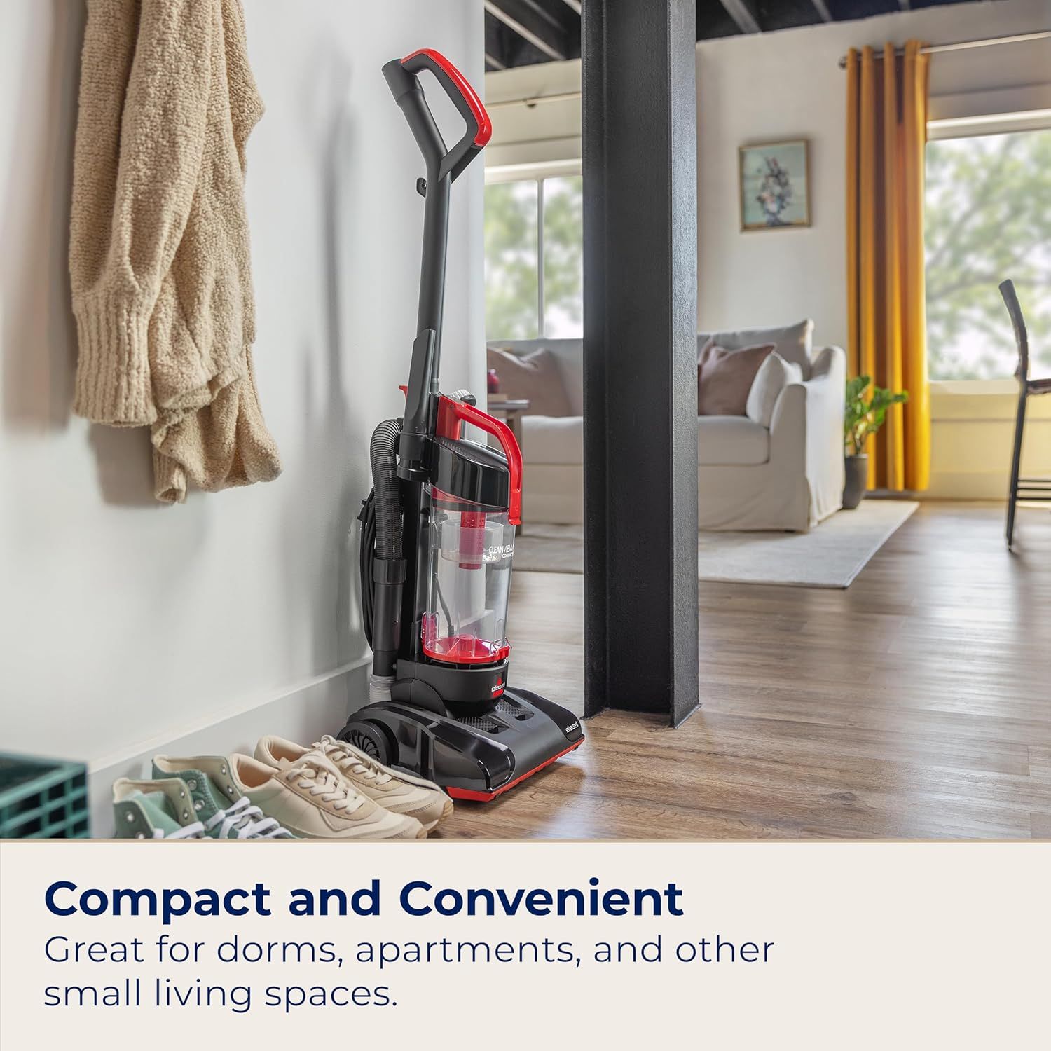 Demonstrates the vacuum's compact size and convenient storage capability in real-world home settings, reassuring shoppers it fits well in small living spaces like dorms and apartments.