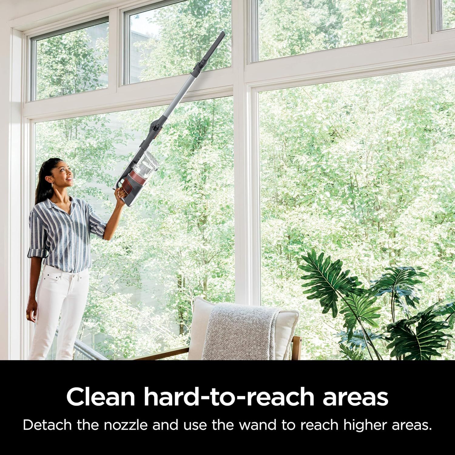 Demonstrates how to use the detachable wand feature to clean hard-to-reach areas like high windows and ceilings, reassuring shoppers of the product's versatility and ease of use. Highlights the…