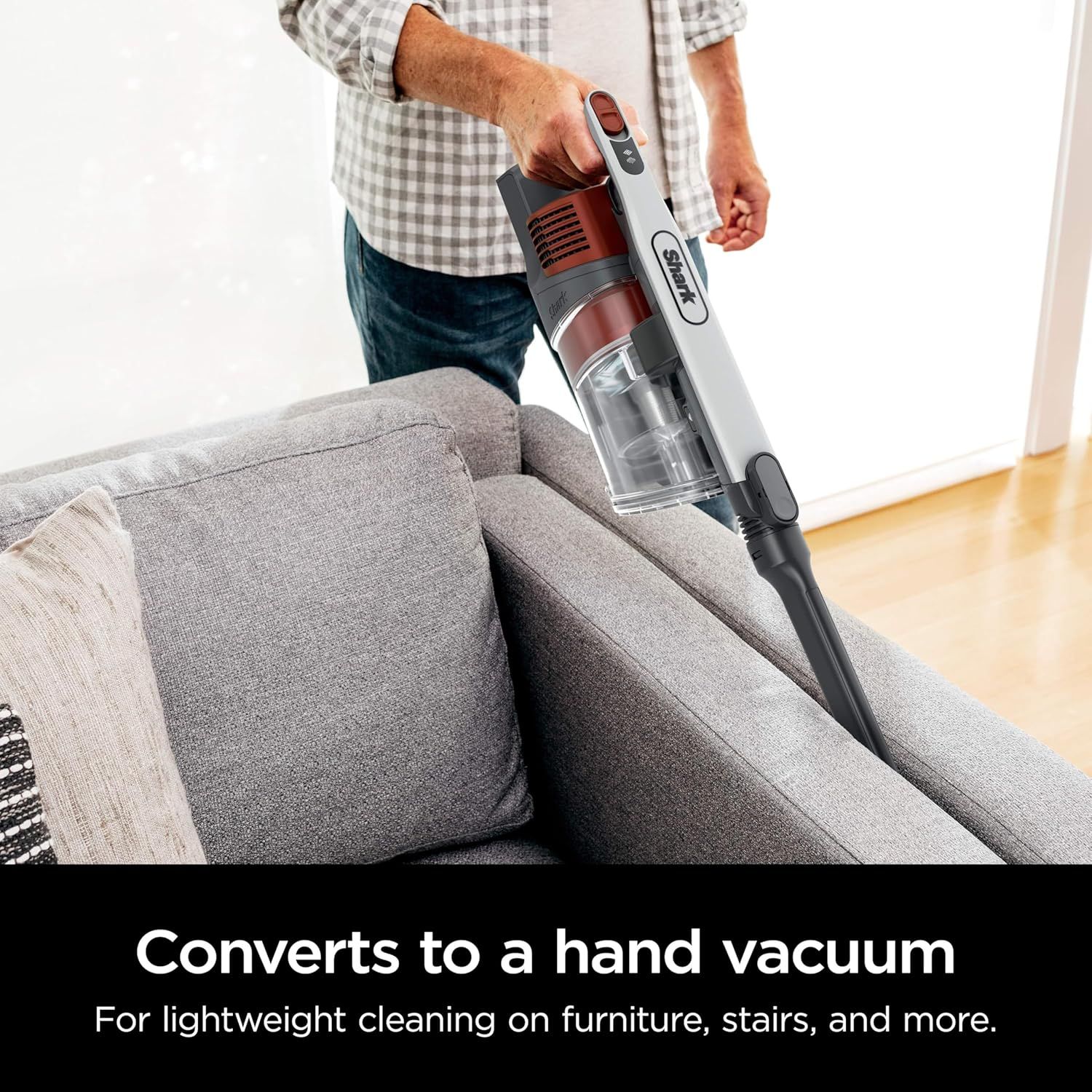 Highlights the product's convertibility feature, showing it can transform into a handheld vacuum for lightweight cleaning on furniture, stairs, and other surfaces.