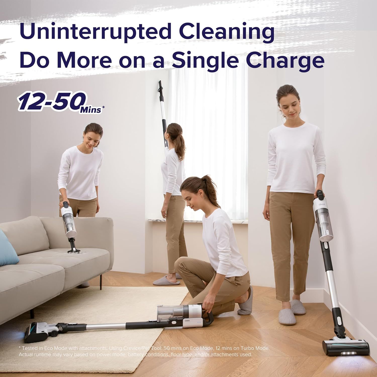 Communicates the long battery life of 12-50 minutes on a single charge, reassuring shoppers they can clean extensively without interruption. Demonstrates the vacuum's versatility by showing it being…
