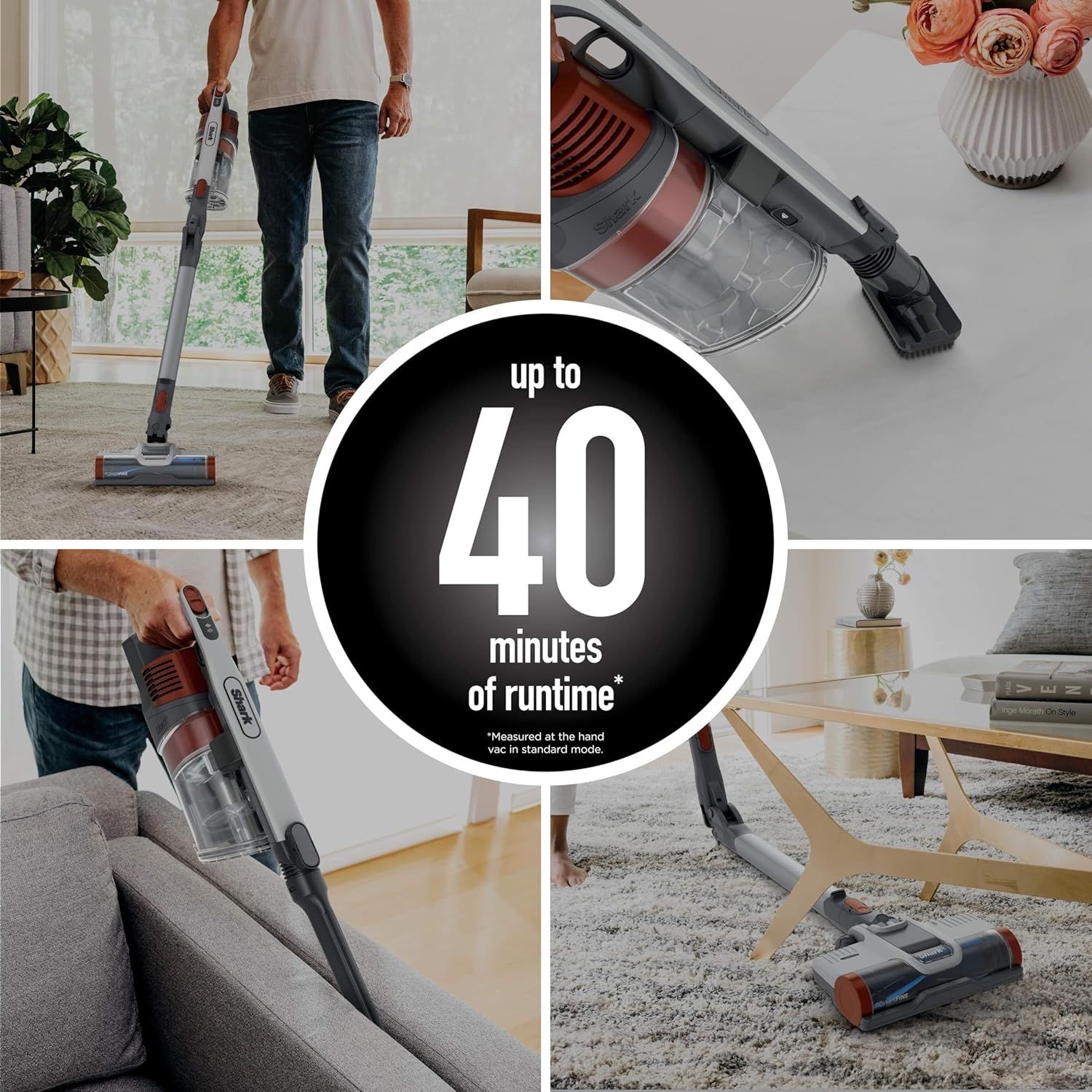 Communicates the vacuum's battery life performance to reassure shoppers they can clean for extended periods without recharging. Demonstrates the vacuum's versatility by showing it being used in…