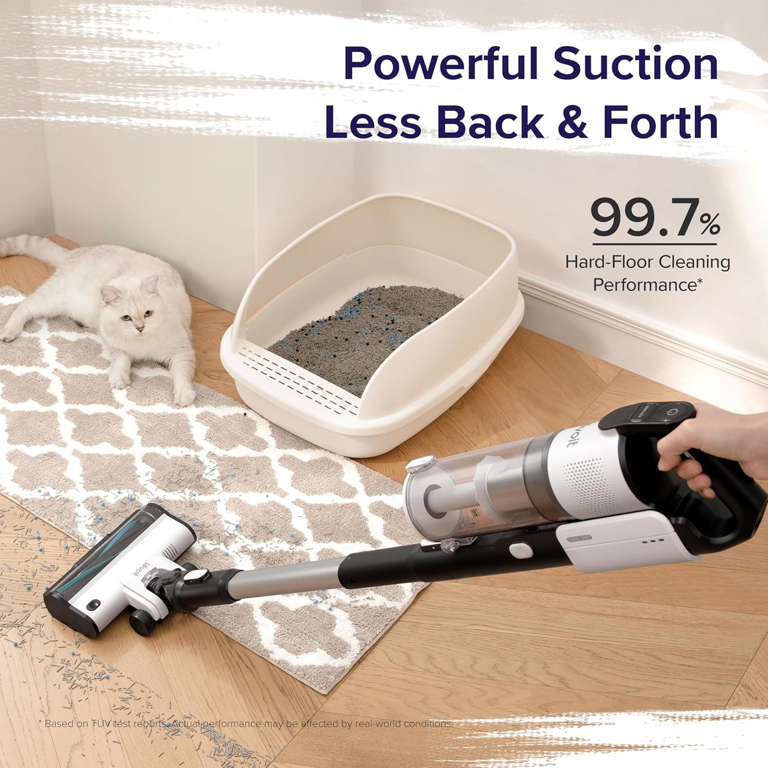 Communicates the vacuum's exceptional cleaning effectiveness with a bold quantifiable performance stat to reassure shoppers of its powerful suction capability. Highlights the vacuum's powerful…