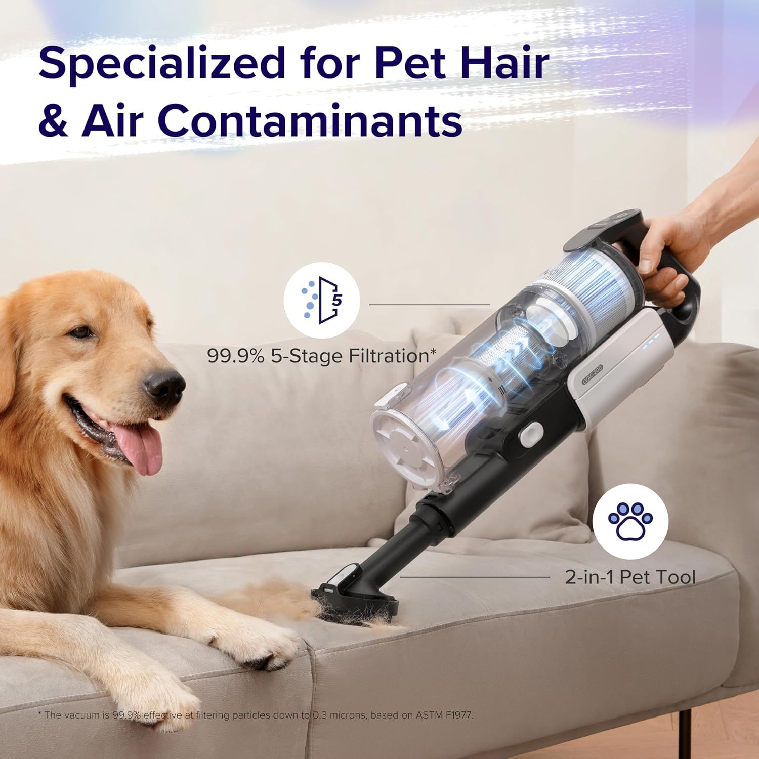 Communicates that the vacuum is specifically designed for pet owners with advanced filtration to capture pet hair and air contaminants, plus a specialized pet cleaning tool.
