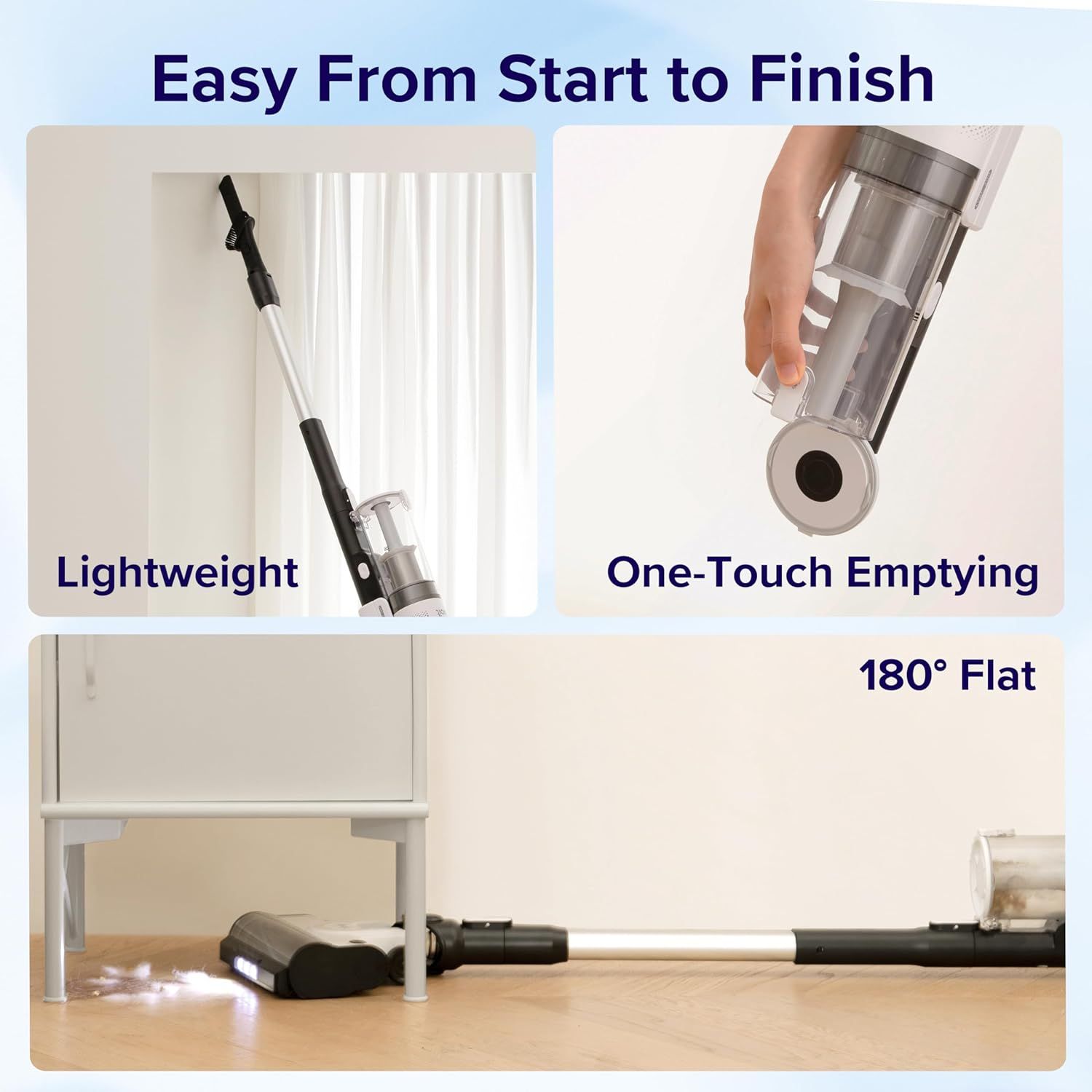 Communicates three distinct convenience benefits of the vacuum cleaner to show shoppers how easy it is to use from start to finish.