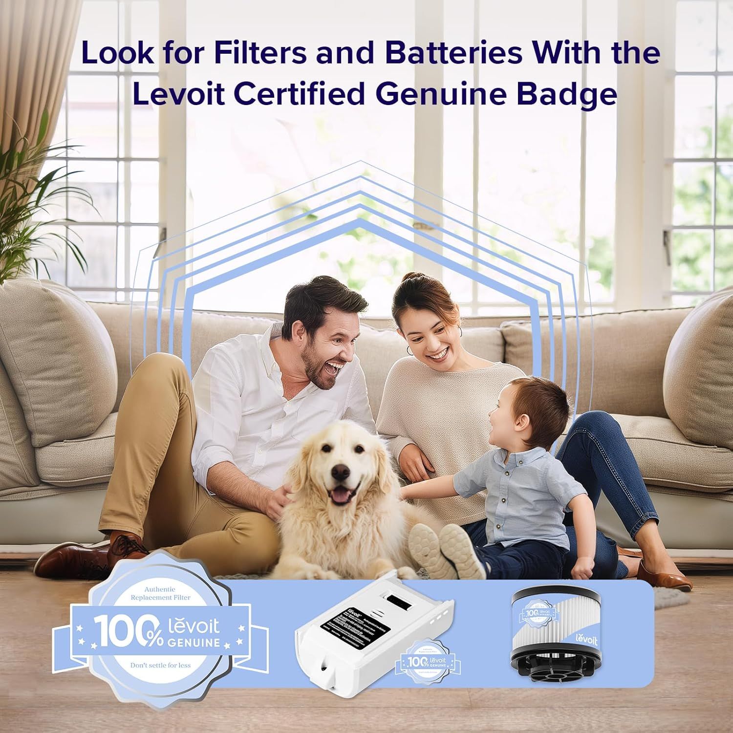 Communicates brand authenticity and trust by encouraging shoppers to look for the Levoit Certified Genuine Badge on filters and batteries, reassuring them they're purchasing authentic replacement…