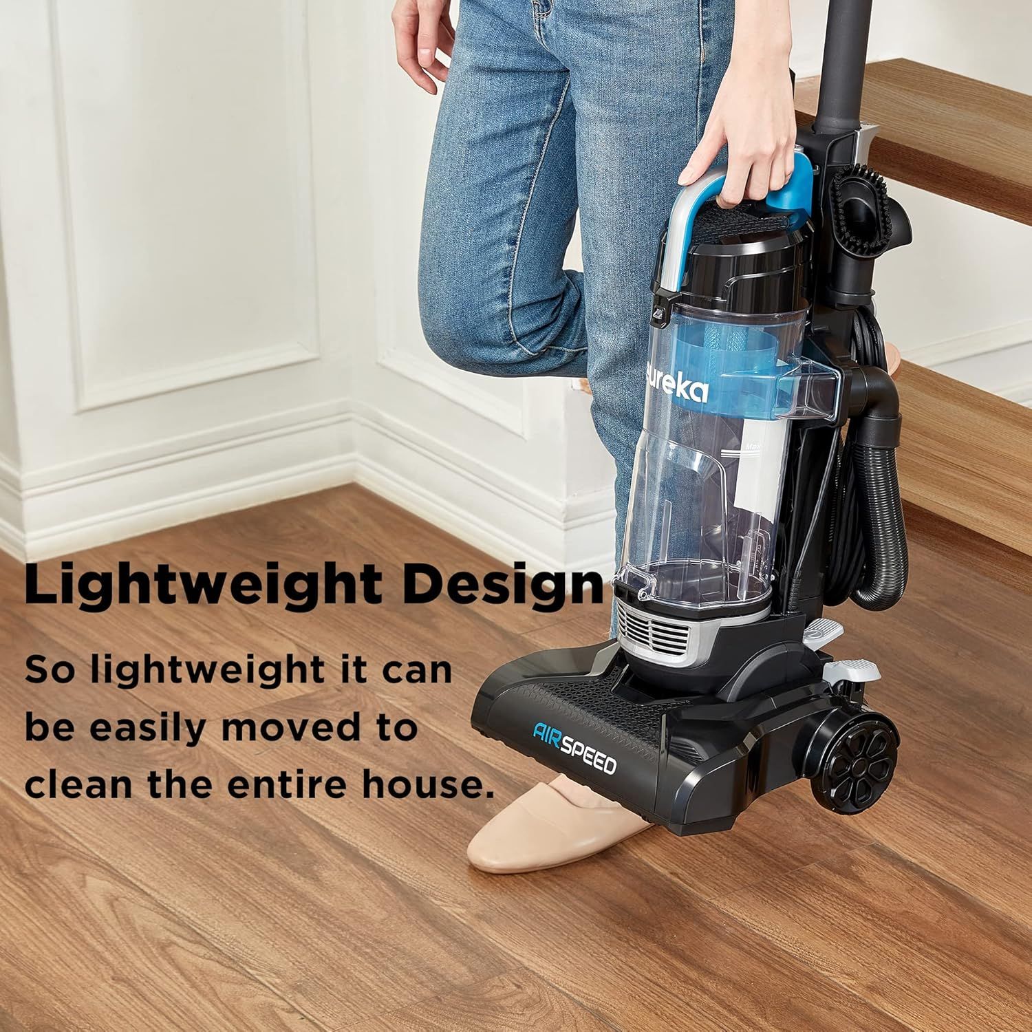 Demonstrates that the vacuum is lightweight and easy to carry throughout the home, emphasizing convenience and ease of use for everyday cleaning.