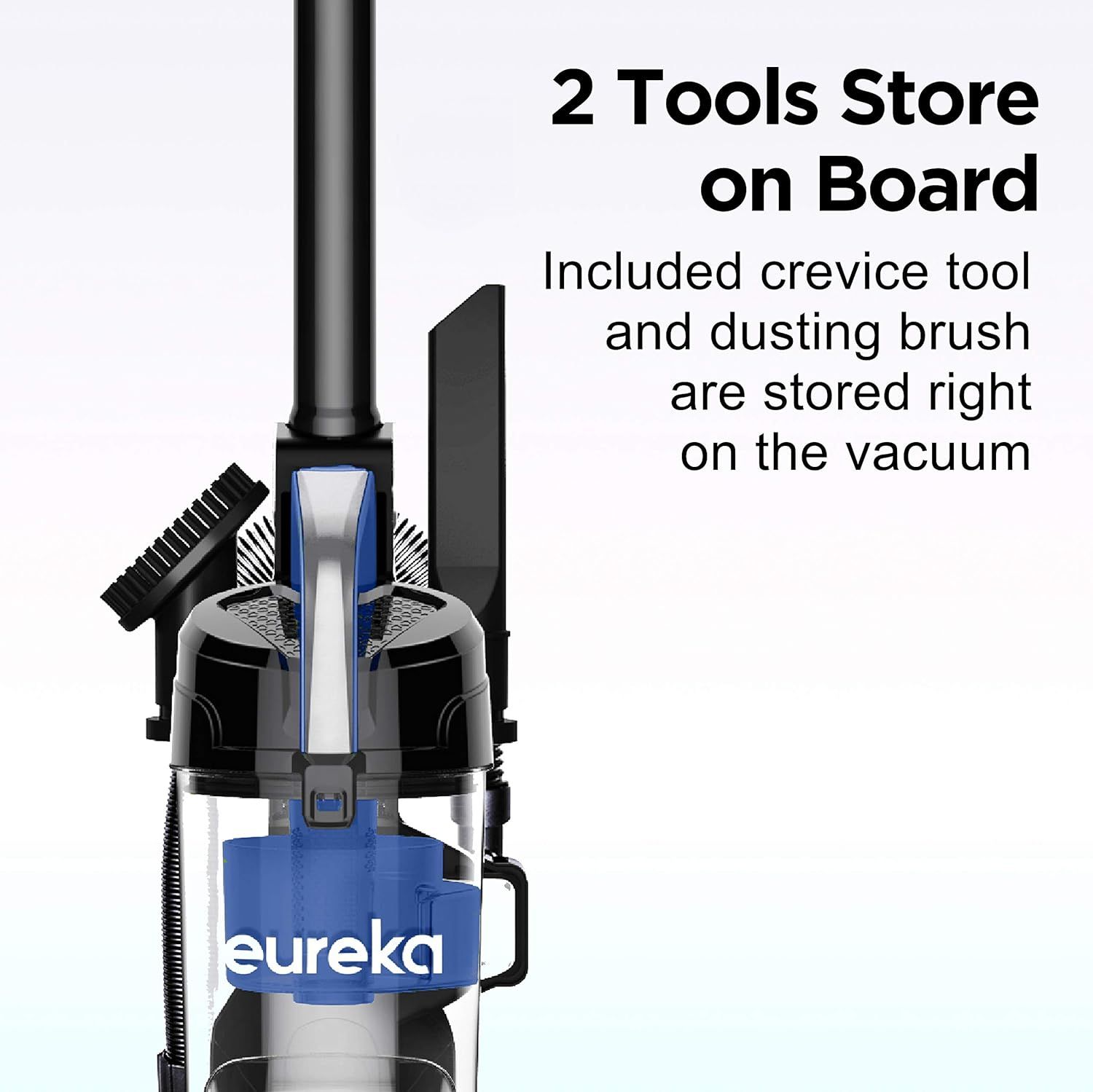 Communicates that the vacuum includes two cleaning tools (crevice tool and dusting brush) conveniently stored on the unit itself, emphasizing convenience and completeness of the package.
