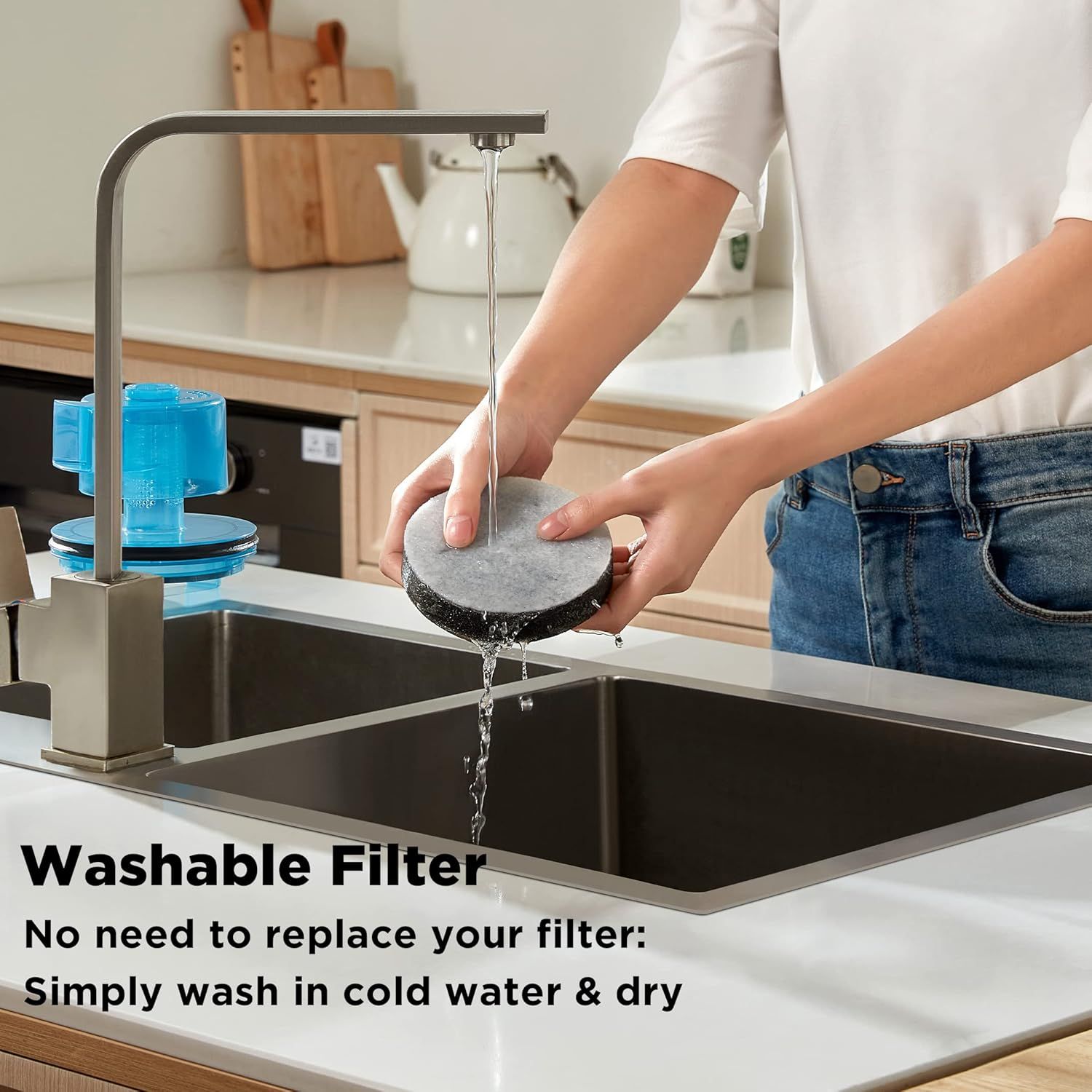 Demonstrates how easy it is to maintain the product's filter by simply washing it in cold water and drying, eliminating the need for replacement filters and reassuring shoppers about low maintenance…