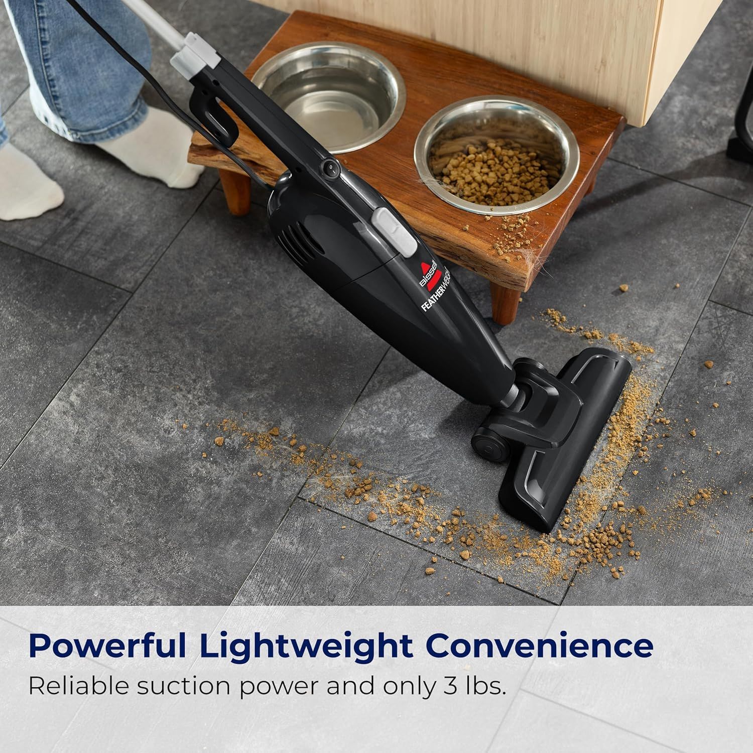 Communicates that the vacuum delivers strong cleaning performance while remaining easy to handle at only 3 lbs, making it ideal for quick cleanups around pets and home.