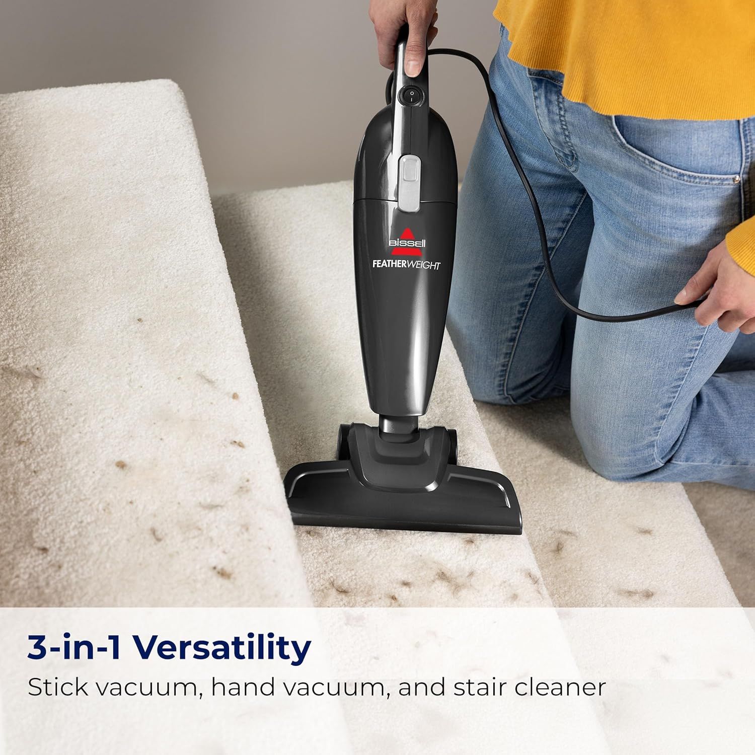 Demonstrates the product's versatility by showing it can function as a stick vacuum, hand vacuum, and stair cleaner, reassuring shoppers of its multi-purpose value. Highlights the key benefit of…
