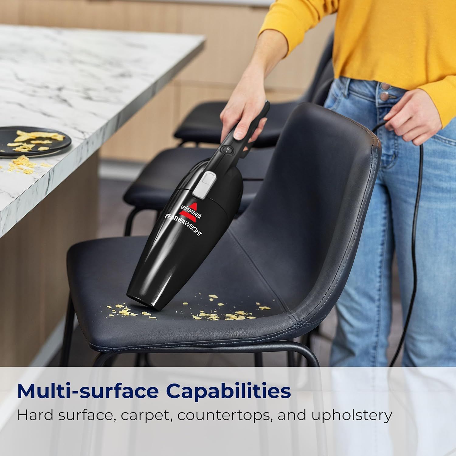 Demonstrates the product's versatility by showing it can clean multiple surfaces including hard surfaces, carpet, countertops, and upholstery, reassuring shoppers of its broad utility. Highlights…