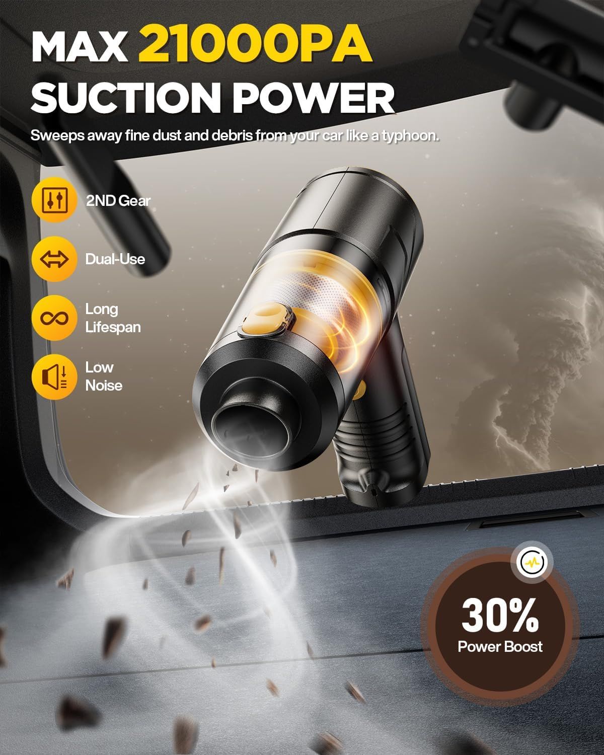 Highlights the powerful 21000PA suction capability to communicate superior cleaning performance and effectiveness at removing dust and debris. Showcases multiple distinct product benefits in a…