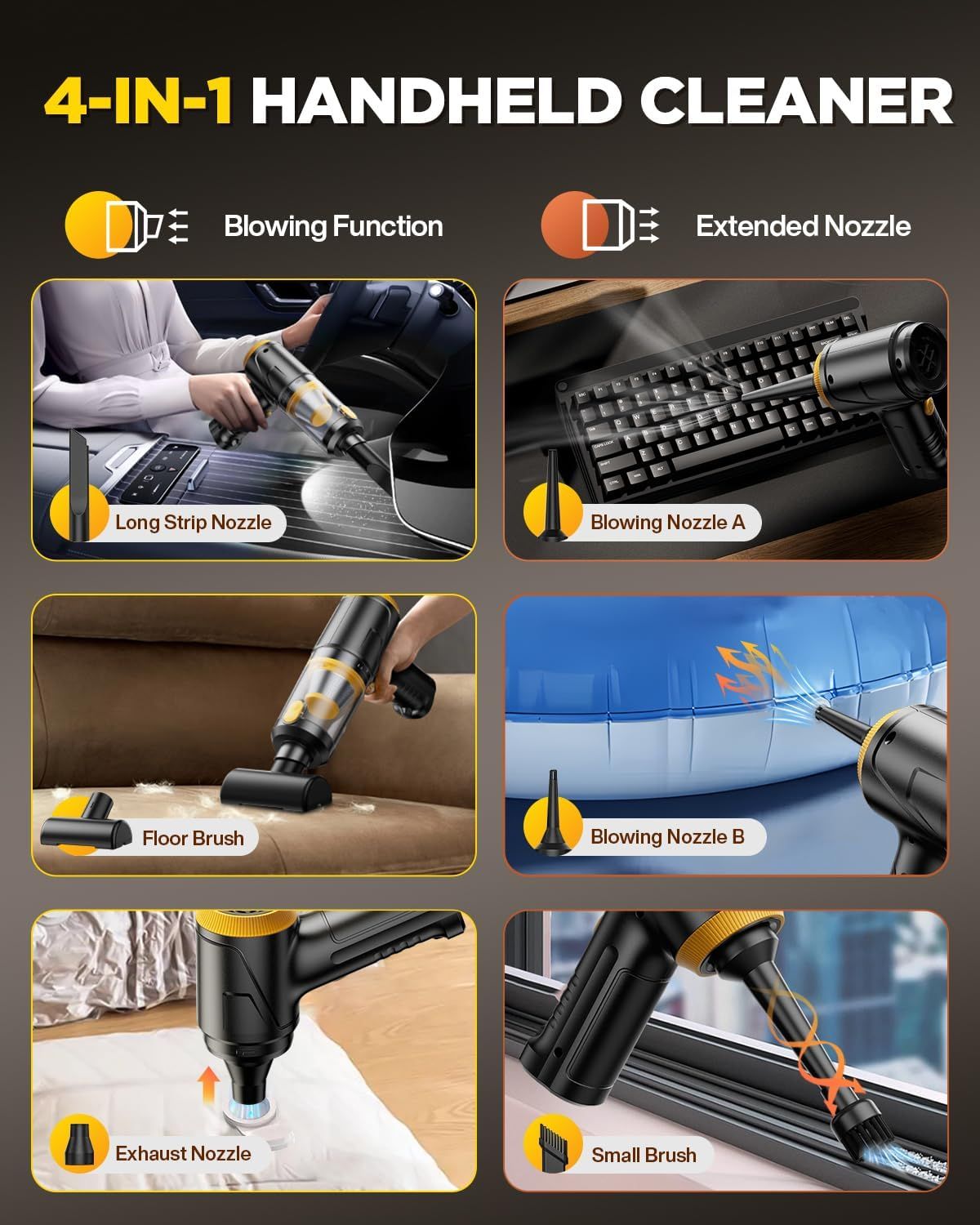 Demonstrates the 4-in-1 handheld cleaner's versatility by showing six different use cases and nozzle attachments for various cleaning scenarios including car interiors, keyboards, furniture, and…