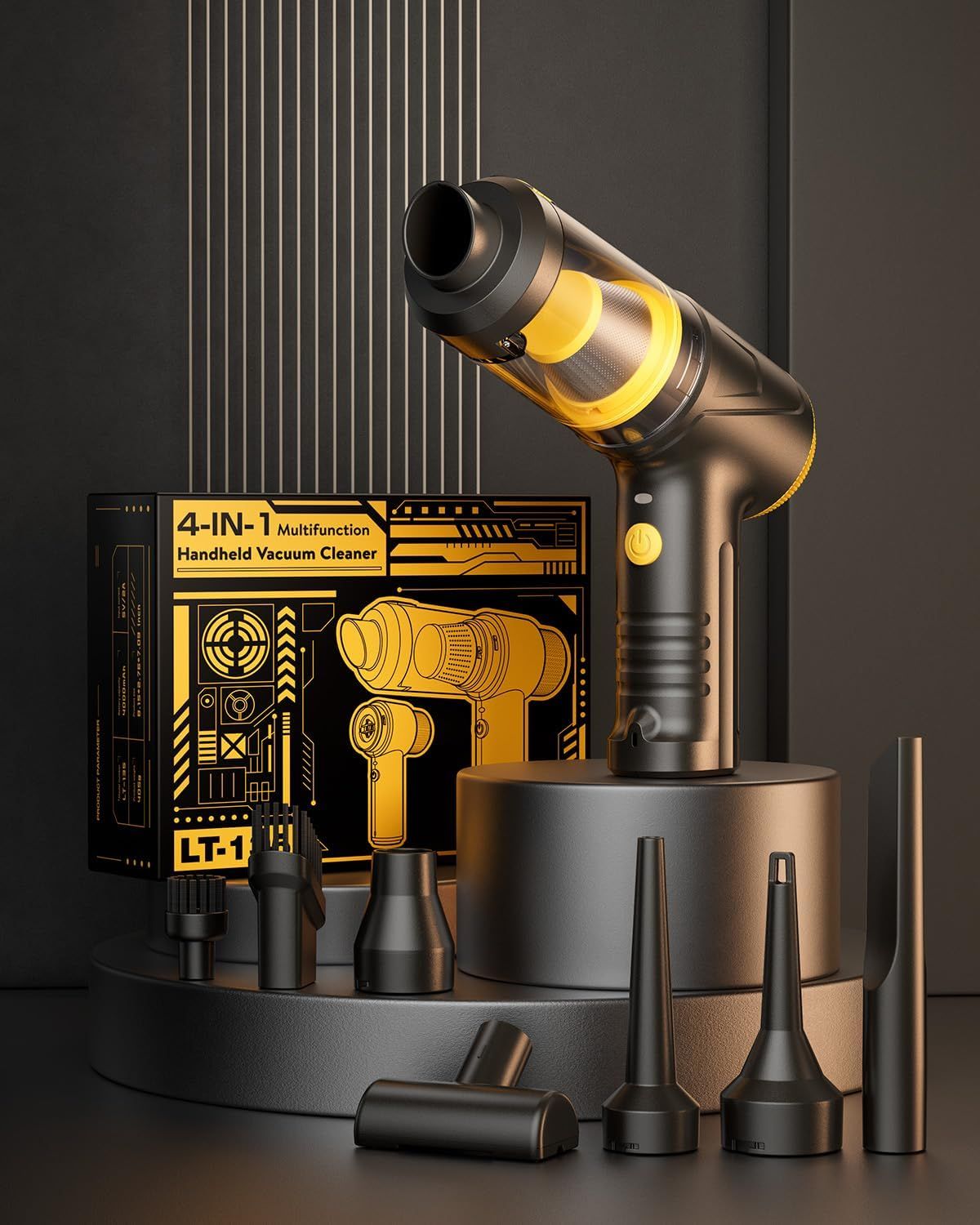 Shows everything included in the package—the handheld vacuum, charging base, multiple nozzle attachments, and packaging—to reassure shoppers they're getting a complete 4-in-1 multifunction cleaning…