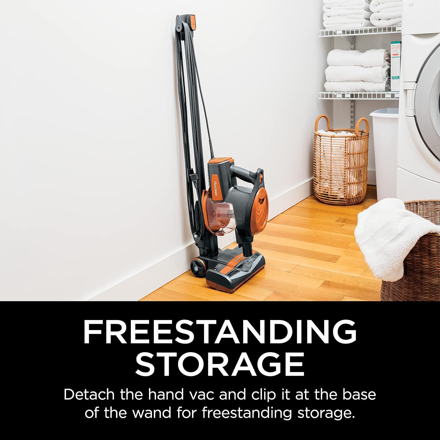 Demonstrates the vacuum's convenient freestanding storage capability, showing shoppers that the product can be stored compactly without wall mounting by detaching the hand vac and clipping it to the…