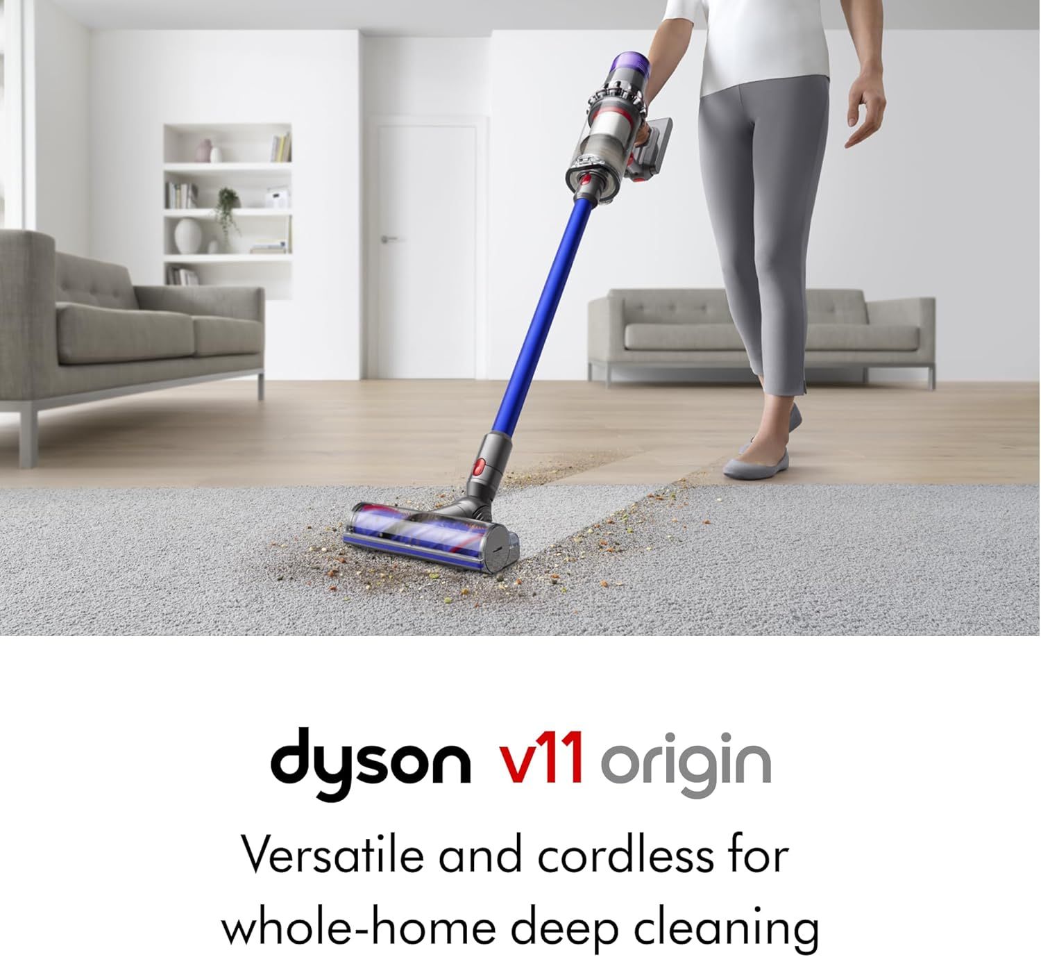 Demonstrates the product in use within a real home environment while highlighting its cordless convenience and deep cleaning capability for whole-home versatility.