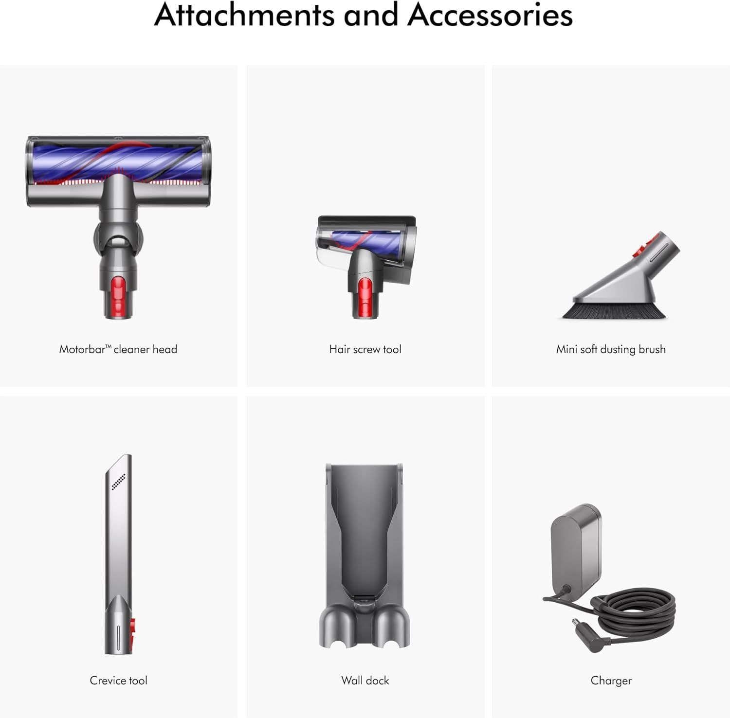 Shows all the attachments and accessories included with the vacuum cleaner to help shoppers understand the complete package and versatility of the product.