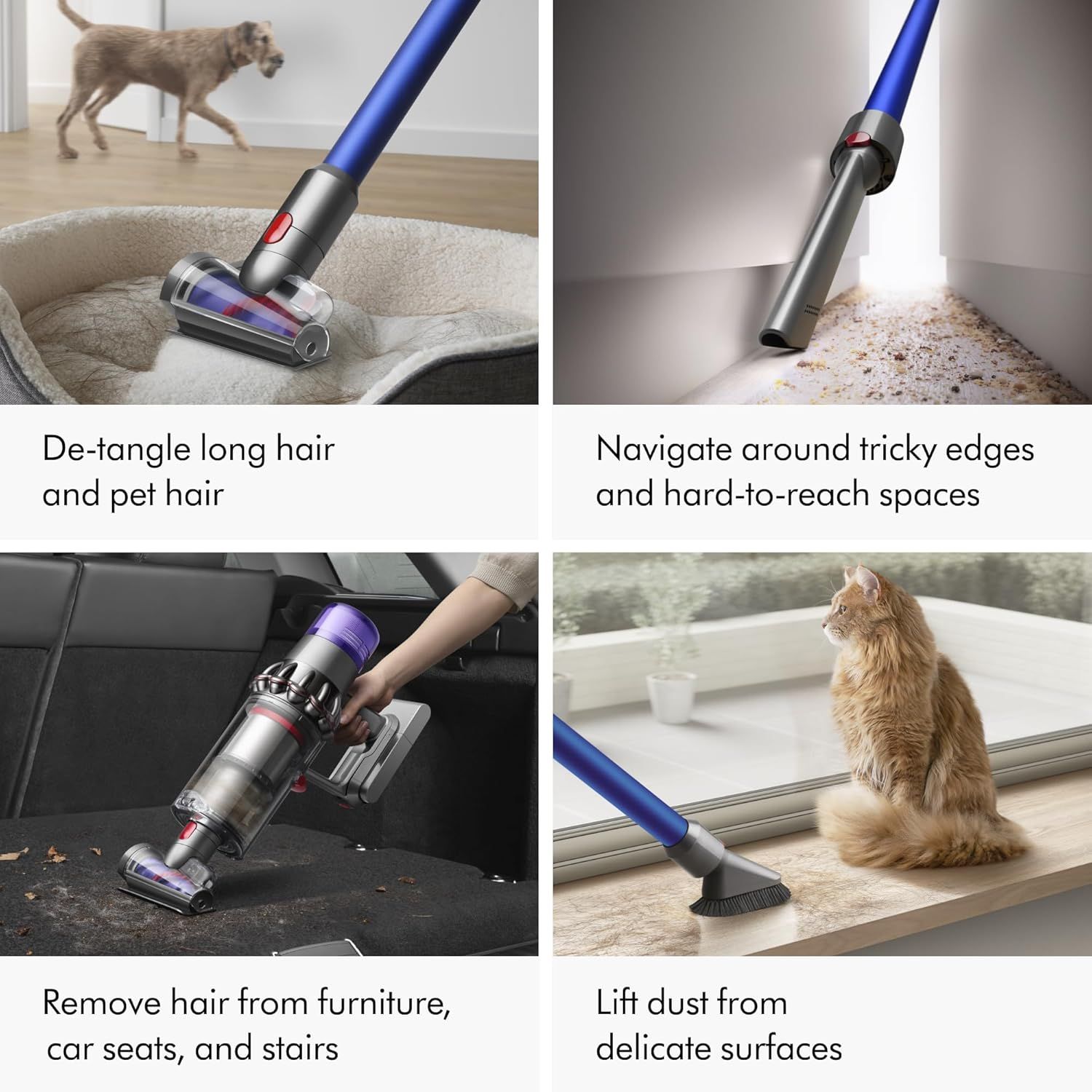 Demonstrates the vacuum's versatility across multiple real-world cleaning scenarios, including pet hair removal, hard-to-reach spaces, furniture and car interiors, and delicate surfaces, to reassure…