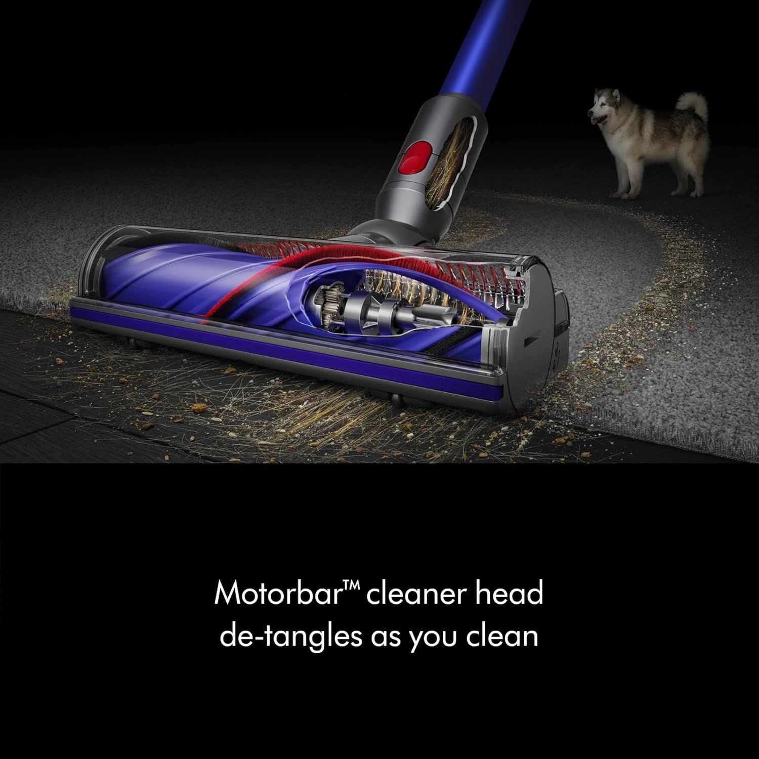 Shows the internal structure and mechanism of the vacuum cleaner head to demonstrate how the Motorbar technology works to prevent hair tangles during cleaning. Communicates the key benefit that the…