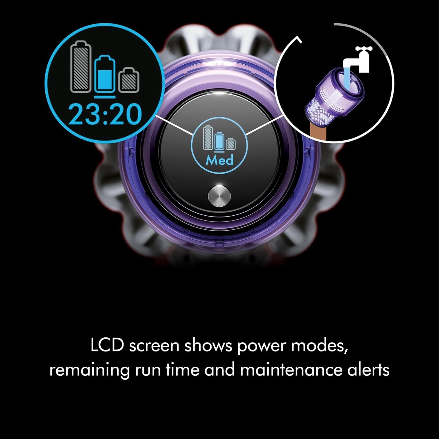 Communicates multiple benefits of the LCD screen interface, showing shoppers that the vacuum provides real-time information about battery life, power settings, and maintenance needs for better…