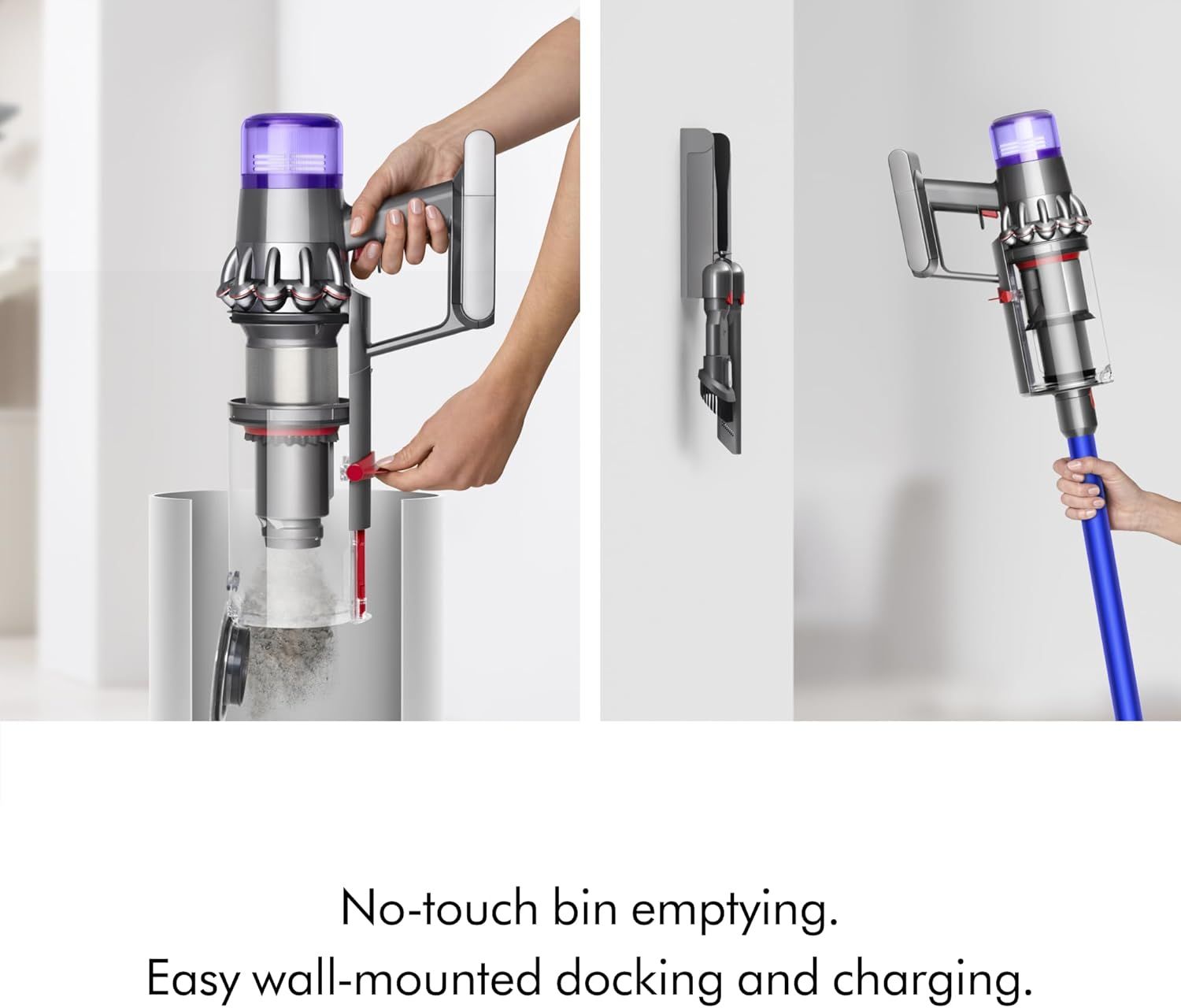 Demonstrates the convenience of the wall-mounted docking station that allows for hygienic no-touch bin emptying and simultaneous charging, emphasizing ease of use and cleanliness.