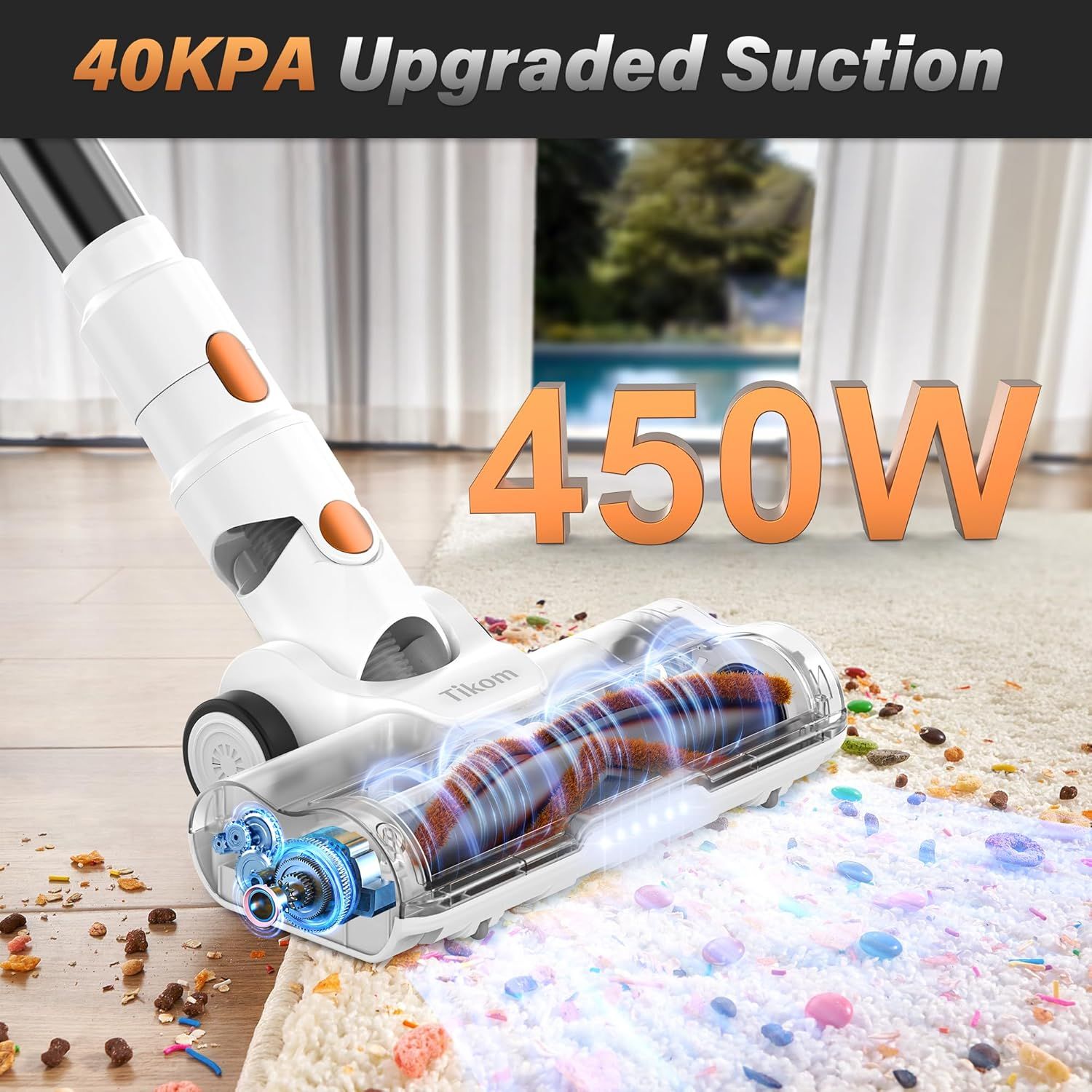 Highlights the product's powerful suction capability (40KPA) and motor power (450W) to communicate superior cleaning performance and effectiveness. Shows the internal mechanics and transparent…