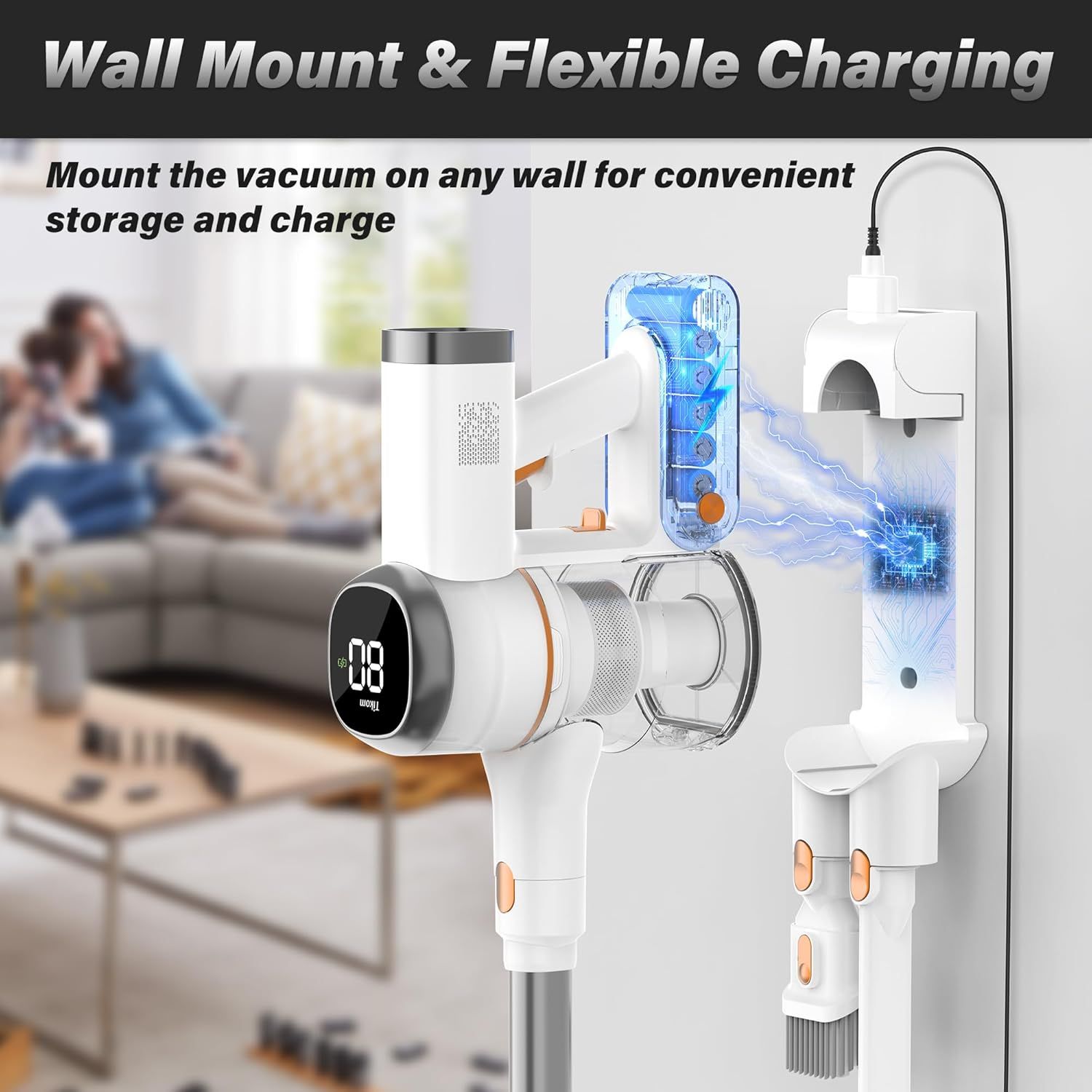 Demonstrates the vacuum's convenient wall-mount storage capability with integrated charging functionality, reassuring shoppers about space-saving storage and easy charging access.