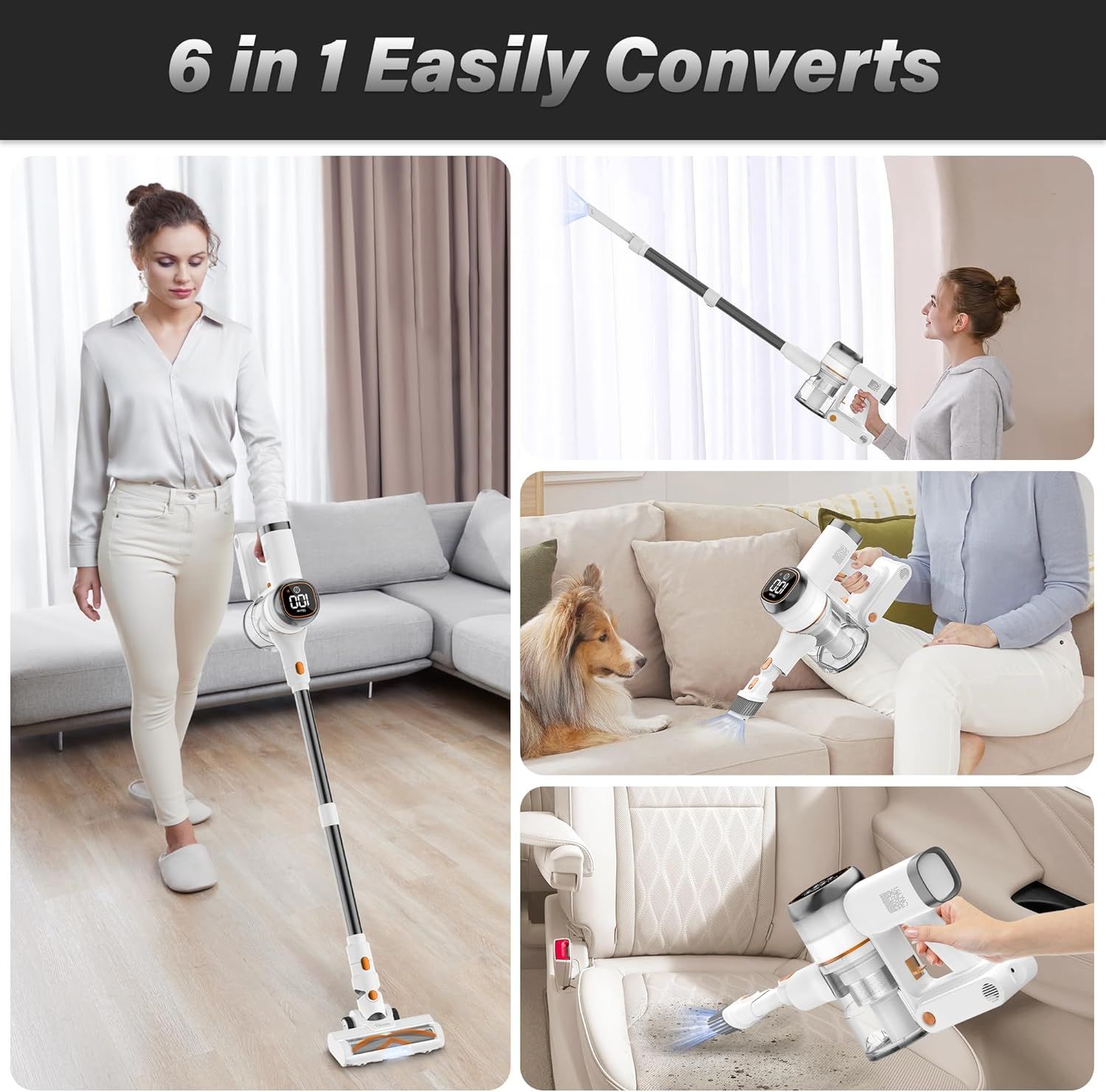 Demonstrates the vacuum's versatility by showing it being used in multiple real-world scenarios—floor cleaning, ceiling/high reach, pet hair removal, and handheld mode—to reassure shoppers it can…