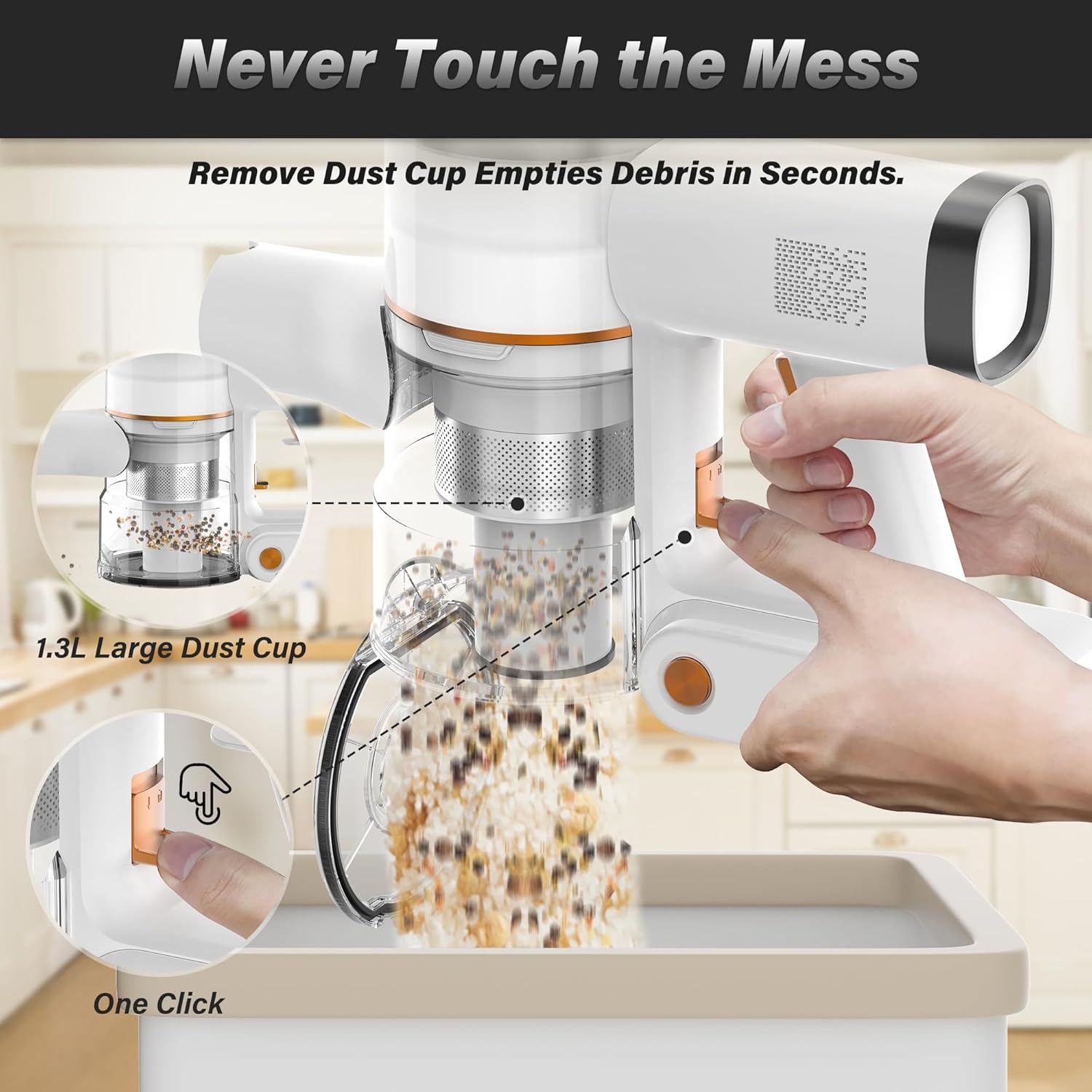 Demonstrates how to empty the dust cup in seconds with a simple one-click mechanism, emphasizing ease of use and mess-free maintenance. Highlights the convenience of never touching the mess while…