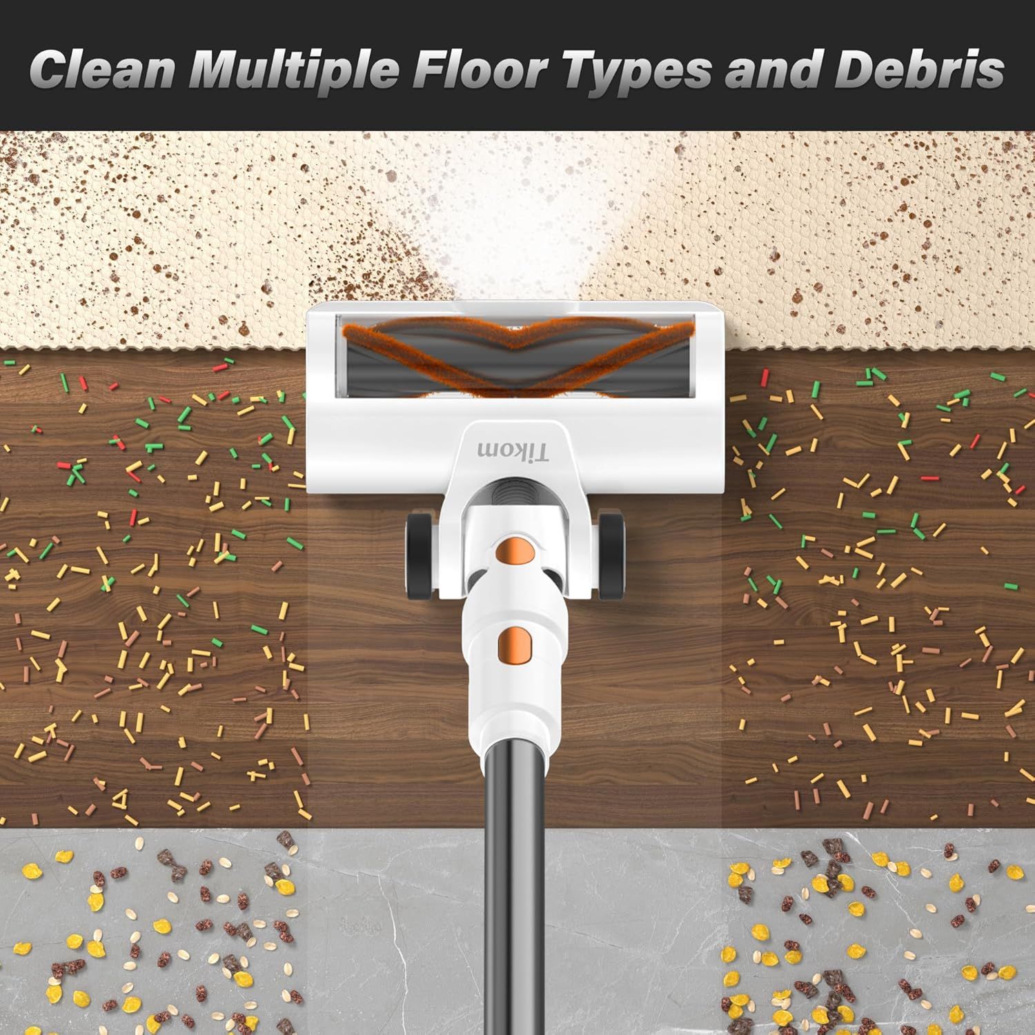 Demonstrates the vacuum's ability to clean multiple floor types (carpet, hardwood, tile) and handle various debris types, reassuring shoppers of its versatility across different home surfaces.