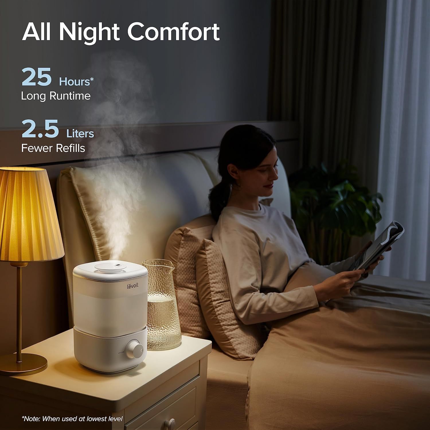 Communicates two key performance benefits—extended runtime and large water capacity—to reassure shoppers that the humidifier provides all-night comfort with fewer refills.