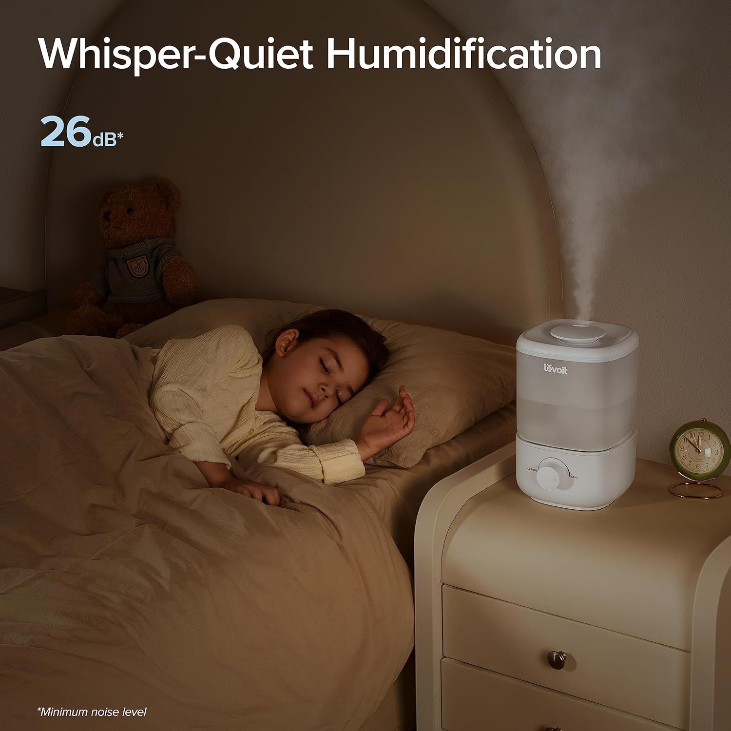 Communicates the humidifier's ultra-quiet 26dB noise level to reassure parents that it won't disturb their child's sleep. Demonstrates the product's quiet performance in a bedroom setting,…