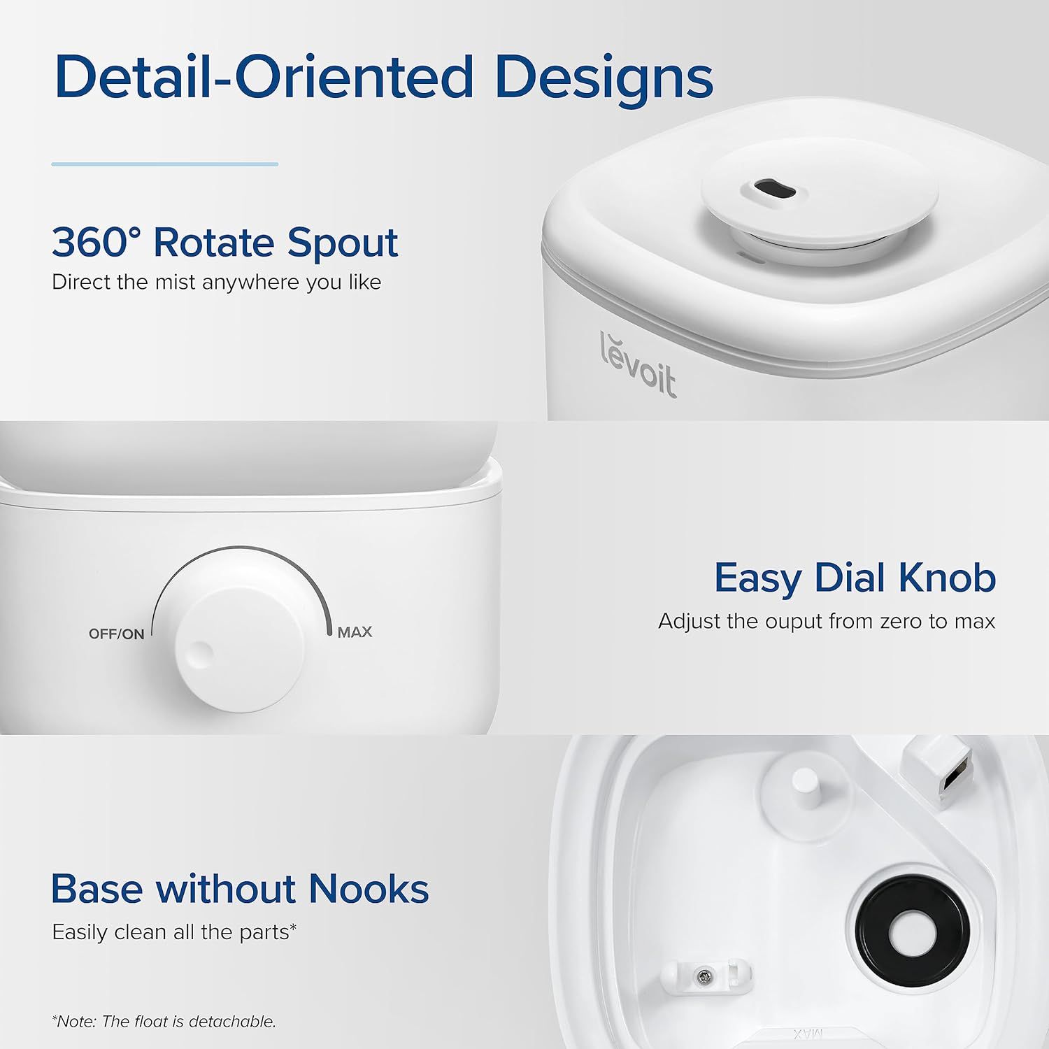 Highlights the key physical design features of the humidifier to show shoppers the thoughtful engineering and ease of use built into the product. Communicates multiple distinct benefits through a…