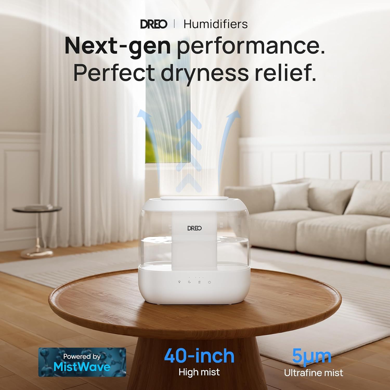 Communicates multiple performance benefits of the humidifier including proprietary technology, mist height reach, and particle size to demonstrate superior dryness relief capabilities.