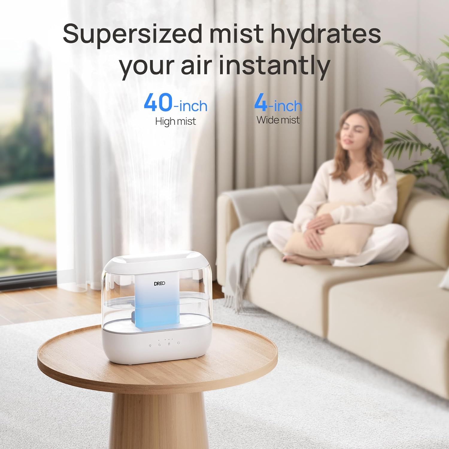 Communicates the product's impressive mist output capabilities with specific measurements (40-inch high mist and 4-inch wide mist) to demonstrate powerful and instant air hydration performance.…