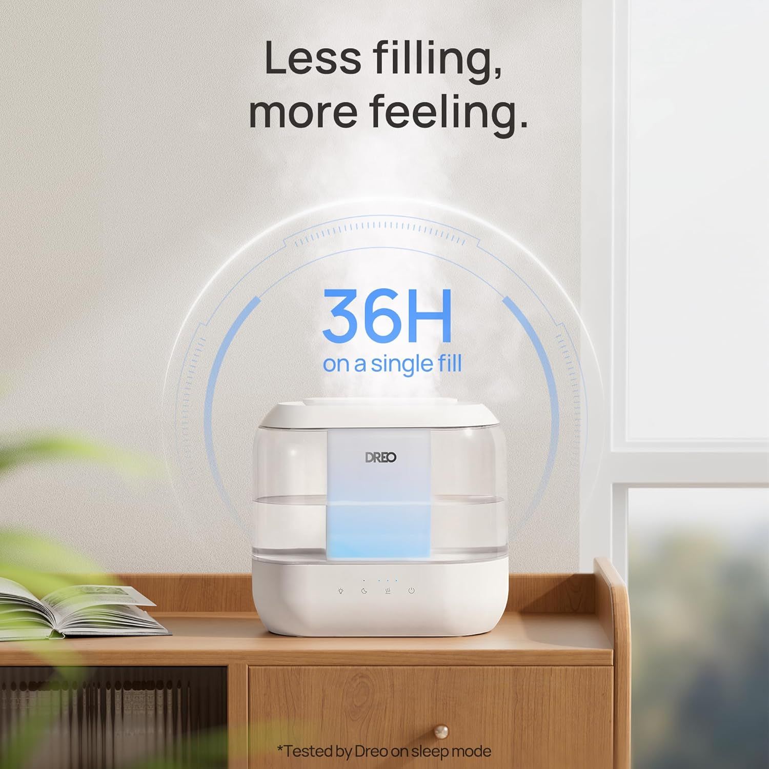 Communicates the product's long-lasting performance, reassuring shoppers they won't need to refill frequently and can enjoy continuous operation for over a day. Highlights the convenience benefit of…
