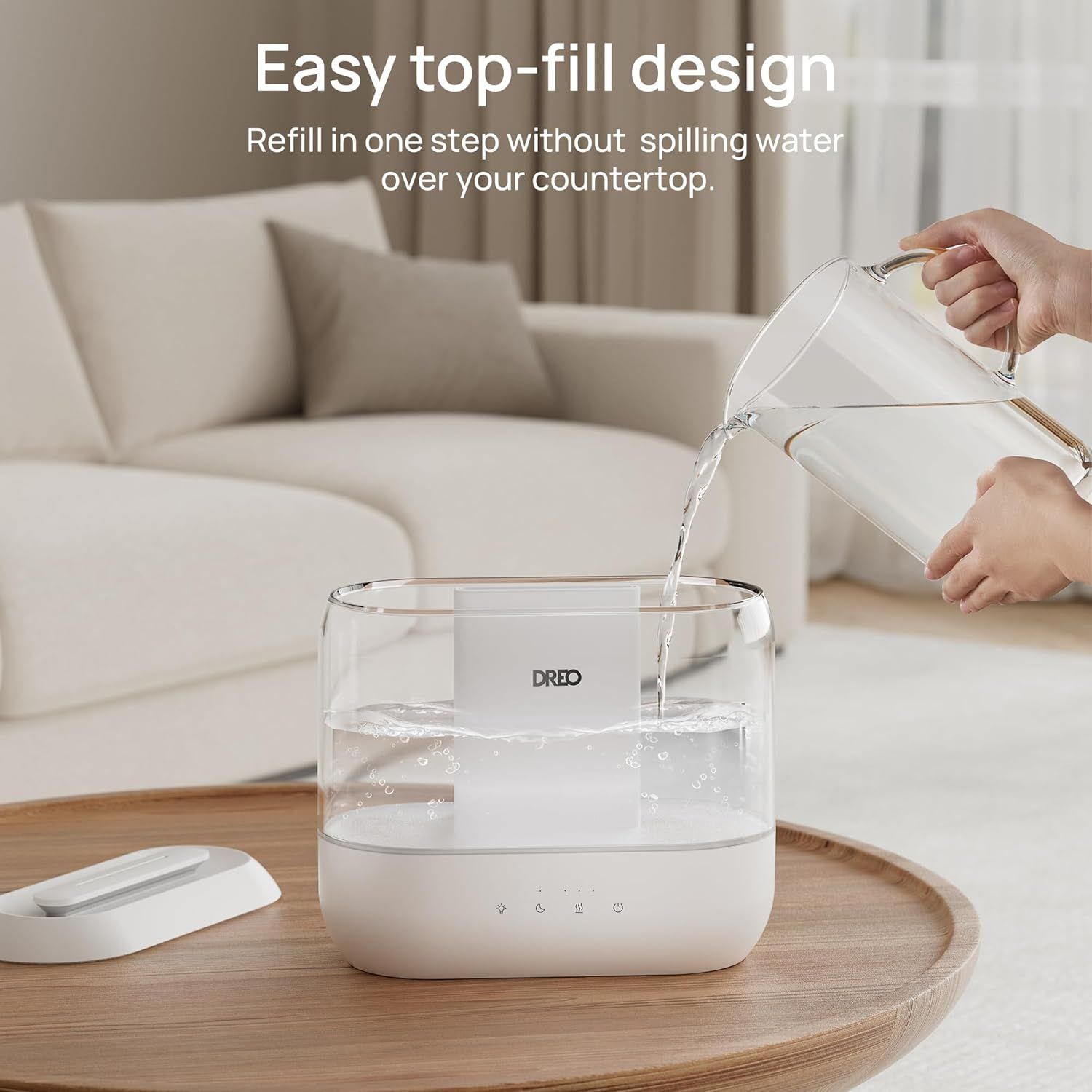 Demonstrates the convenience of the top-fill design, reassuring shoppers that refilling is simple, mess-free, and can be done in one step without spilling water.