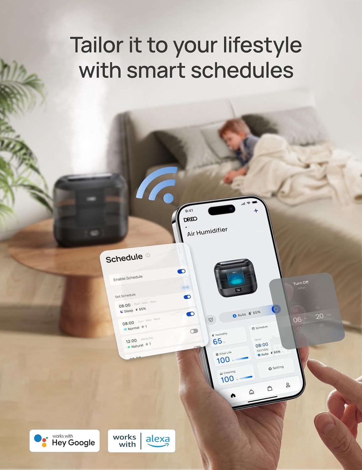 Demonstrates how to use the smart app to schedule and control the air humidifier, reassuring shoppers that the product is easy to customize and integrate into their daily routine. Highlights the…