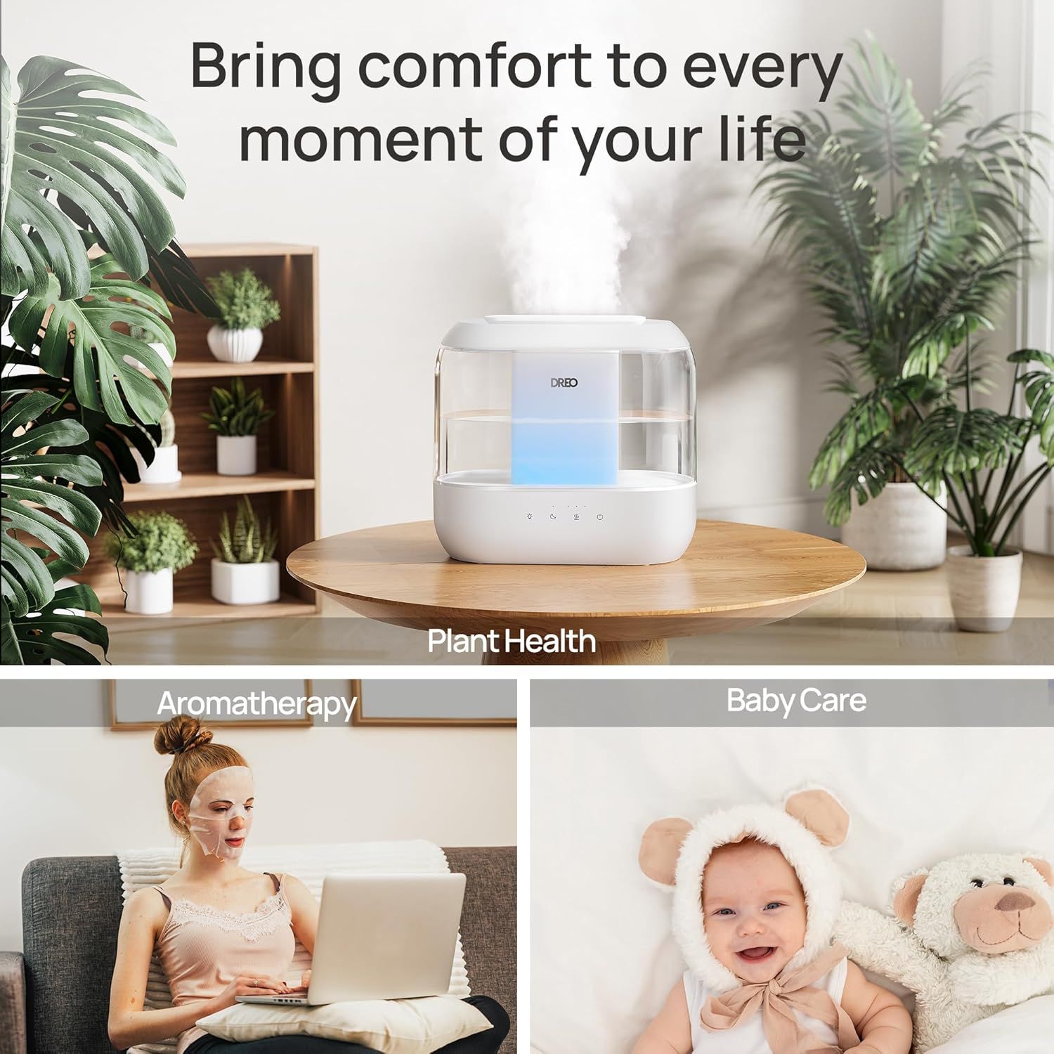 Demonstrates the versatility of the humidifier by showing three distinct use cases: maintaining plant health, supporting aromatherapy and relaxation, and providing comfort for baby care.