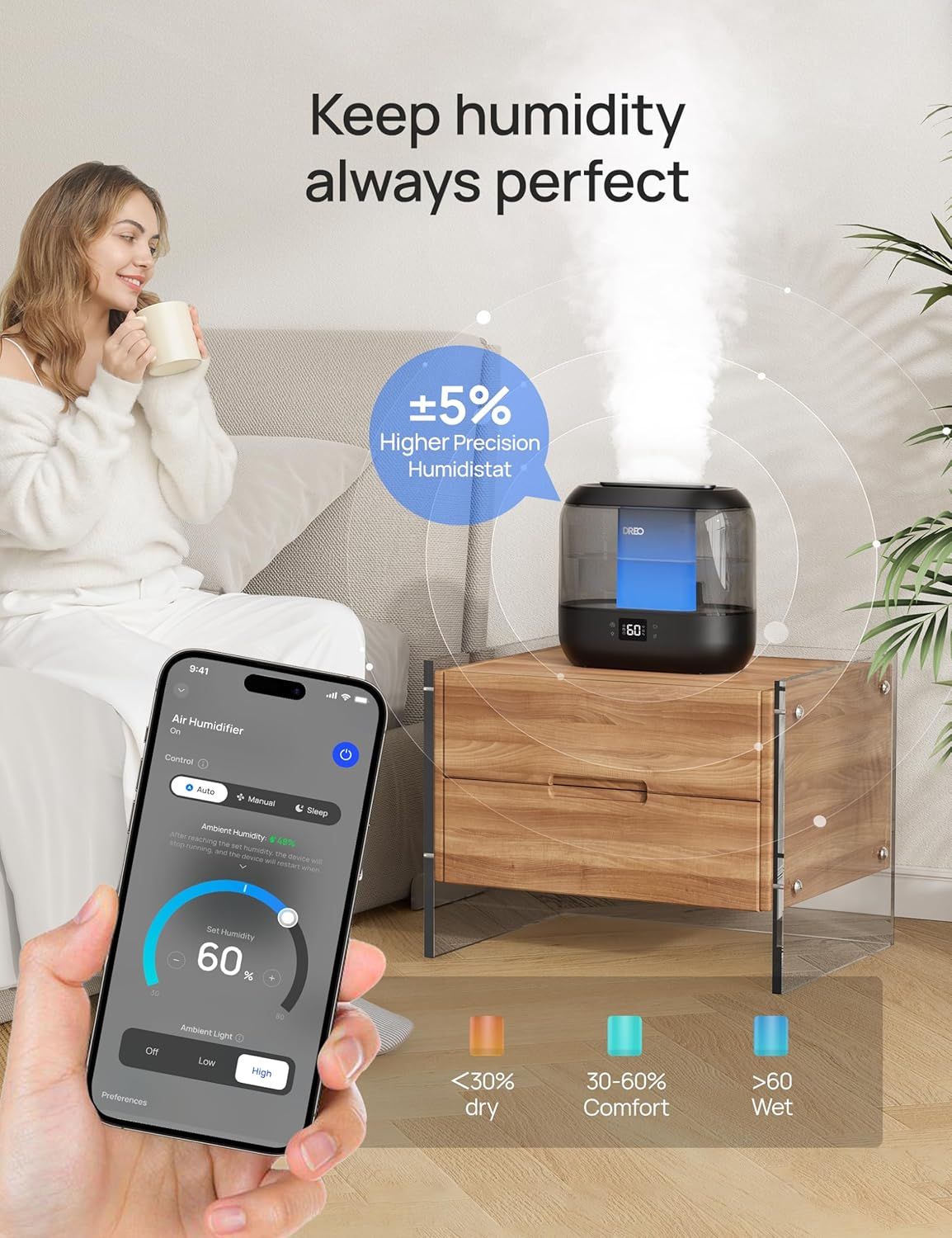 Communicates the product's precise humidity control capability with a ±5% accuracy metric, reassuring shoppers that the humidifier maintains optimal humidity levels with superior precision.…