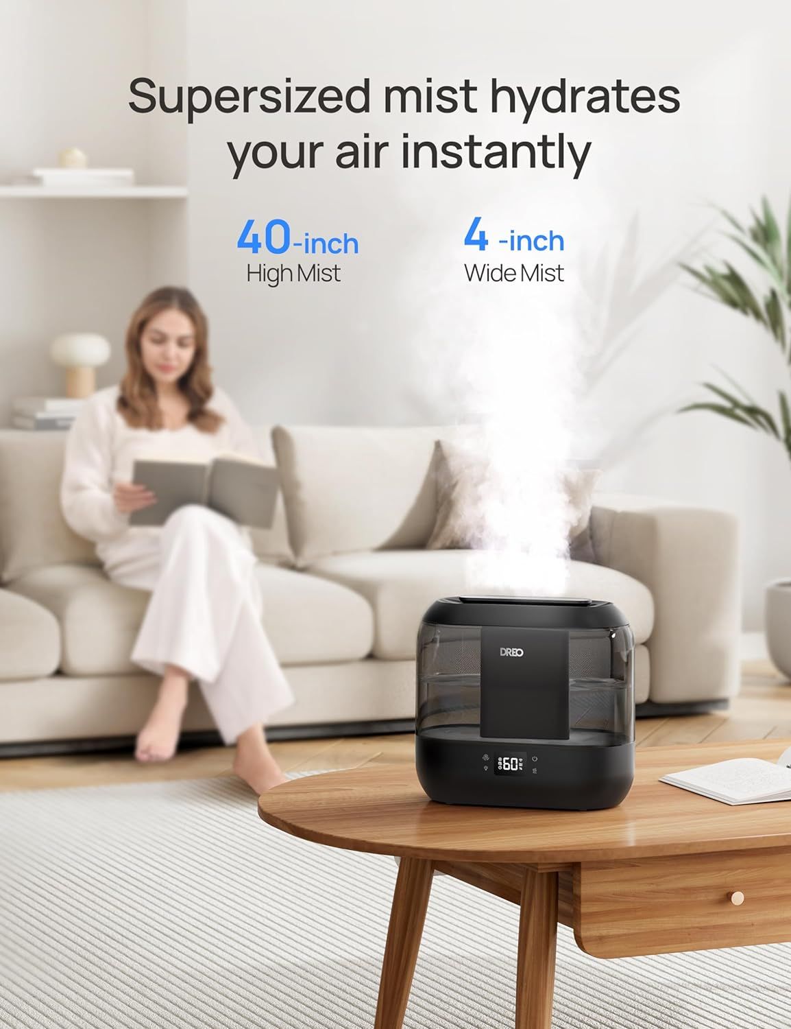 Communicates the humidifier's powerful mist output capabilities using specific measurements to demonstrate performance and coverage effectiveness. Shows the product in a real-world home setting to…