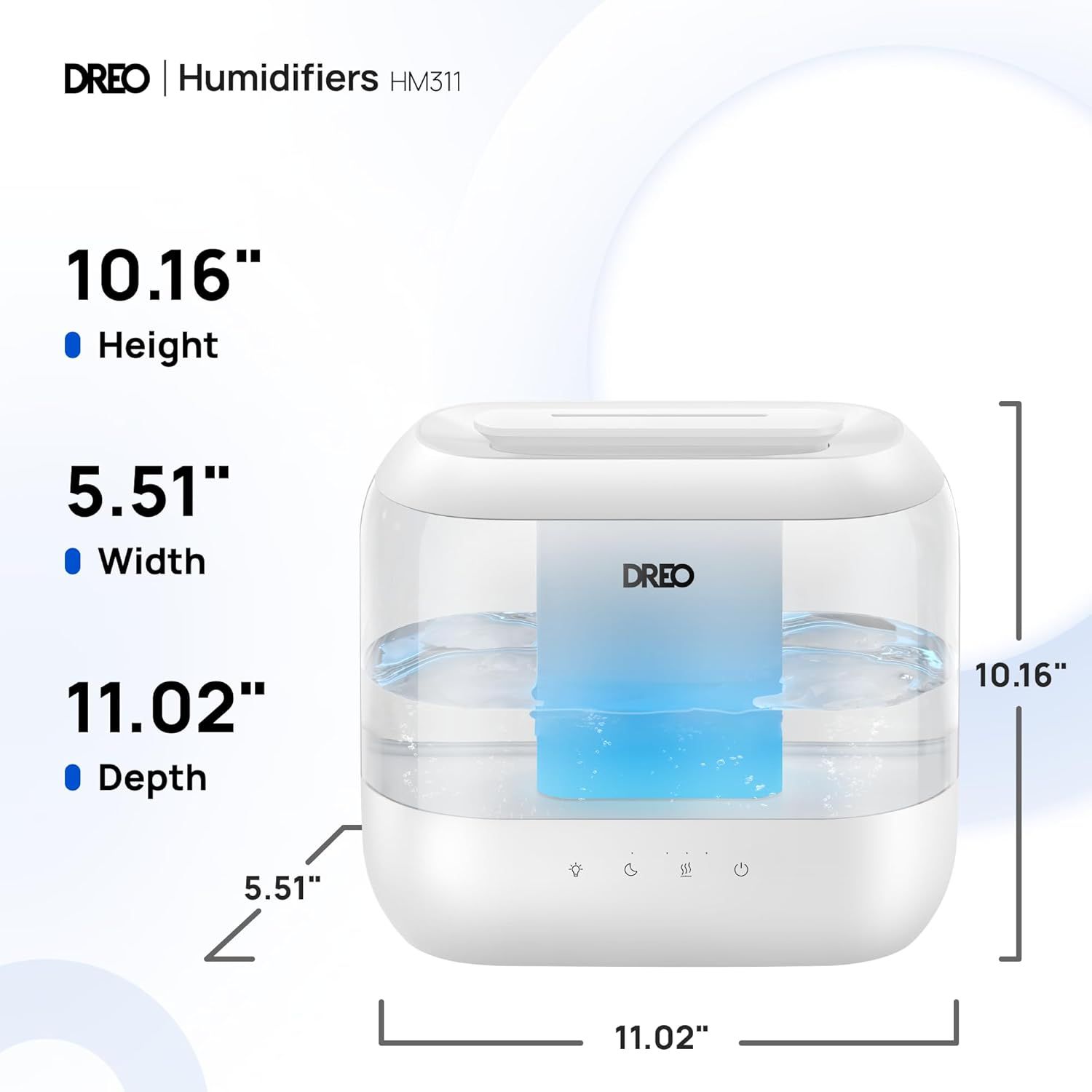 Communicates the exact physical dimensions of the humidifier (height, width, depth) to help shoppers understand the product's footprint and whether it will fit in their intended space.