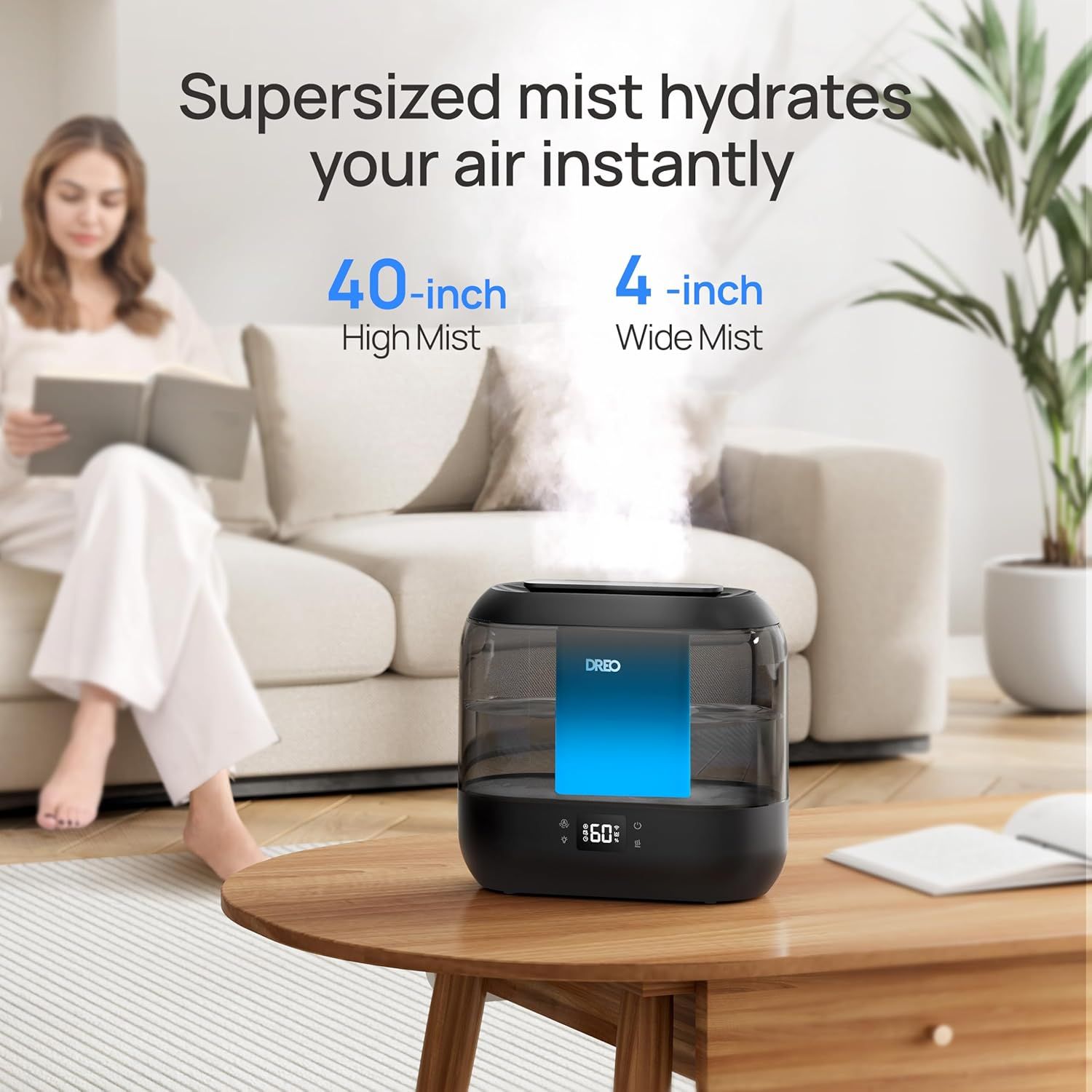 Communicates the humidifier's powerful mist output capabilities with specific measurements to reassure shoppers of its effectiveness in hydrating large spaces. Highlights the core benefit of instant…
