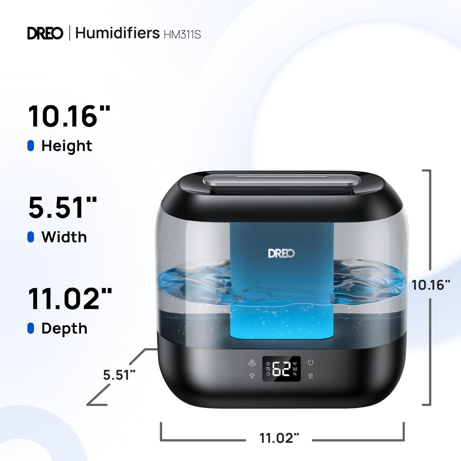 Communicates the exact physical dimensions of the humidifier (height, width, depth) to help shoppers understand how much space it will occupy and whether it fits their intended location.