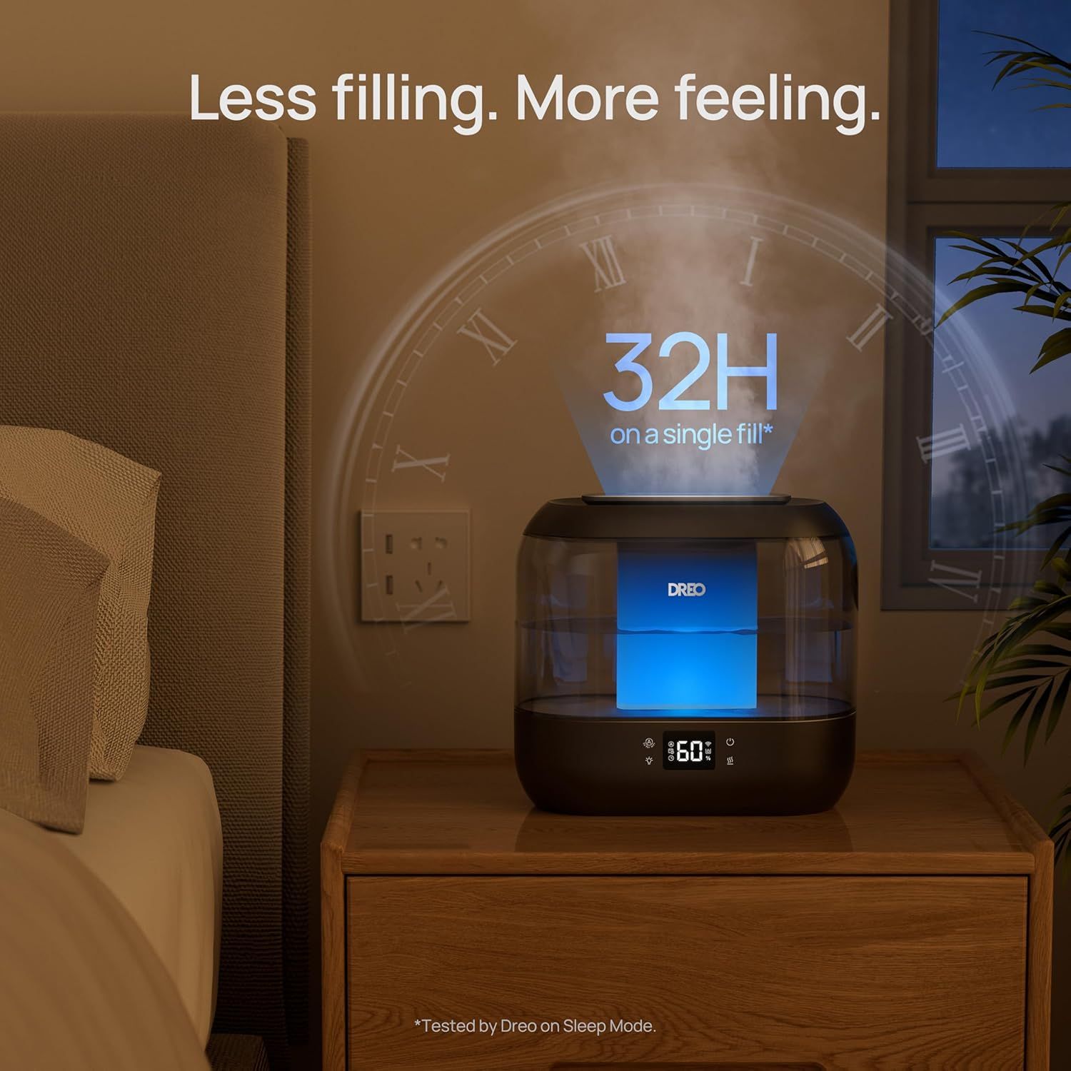 Communicates the impressive runtime capacity of the humidifier, reassuring shoppers they won't need to refill frequently and can enjoy continuous operation for over a day. Shows the humidifier in a…