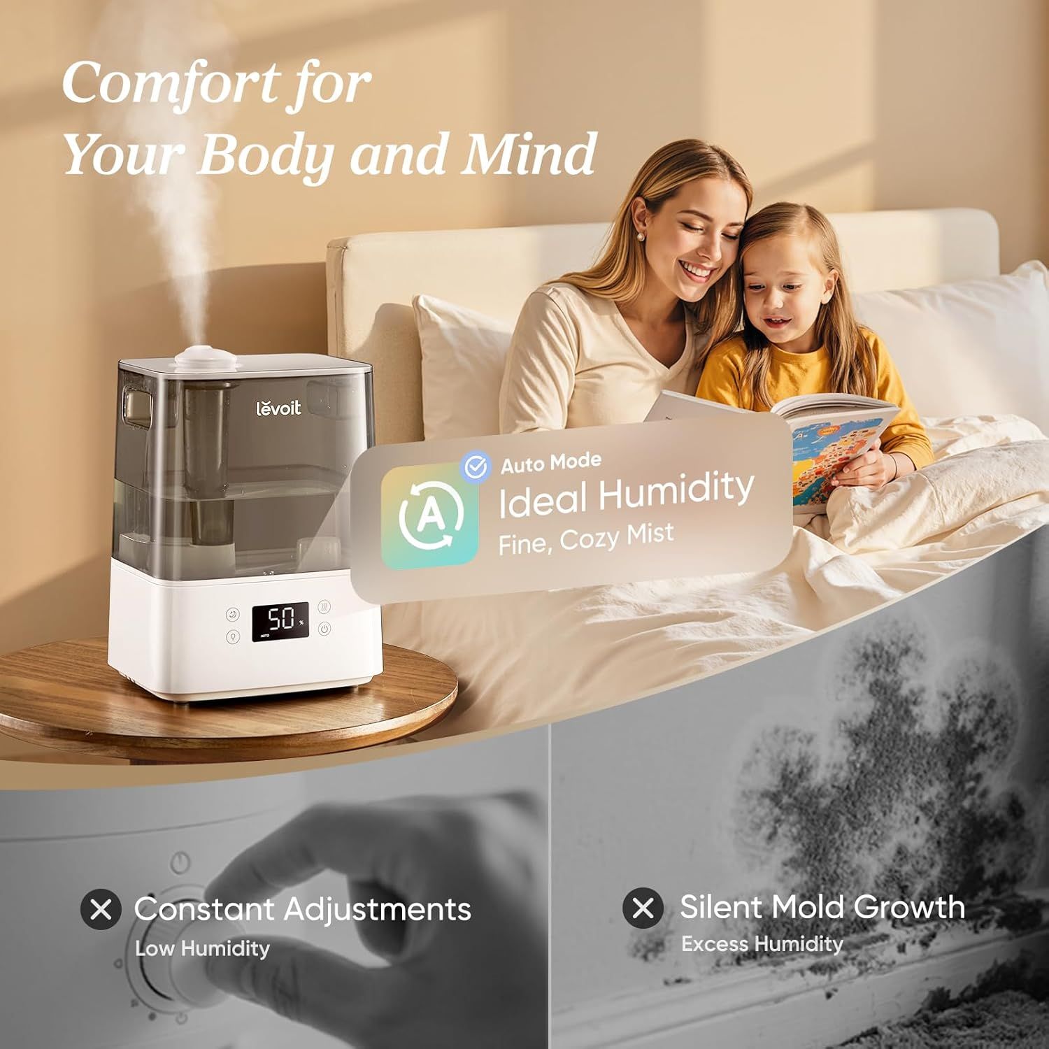 Communicates multiple benefits of the humidifier's auto mode feature, showing how it maintains ideal humidity to provide comfort while preventing problems like constant adjustments and mold growth.