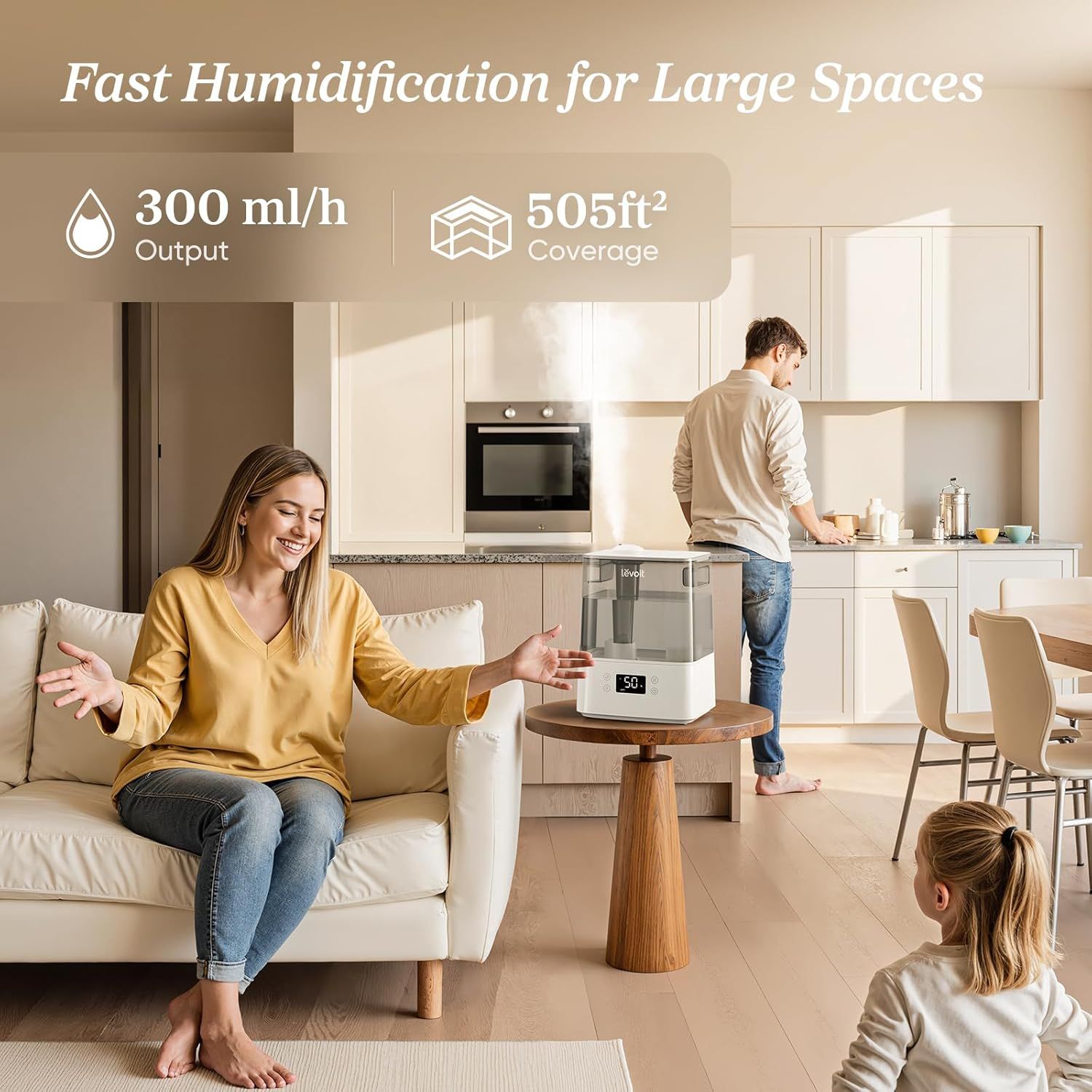 Communicates the humidifier's high output capacity and large coverage area to reassure shoppers it can effectively humidify spacious rooms quickly. Demonstrates the product's ability to quickly…