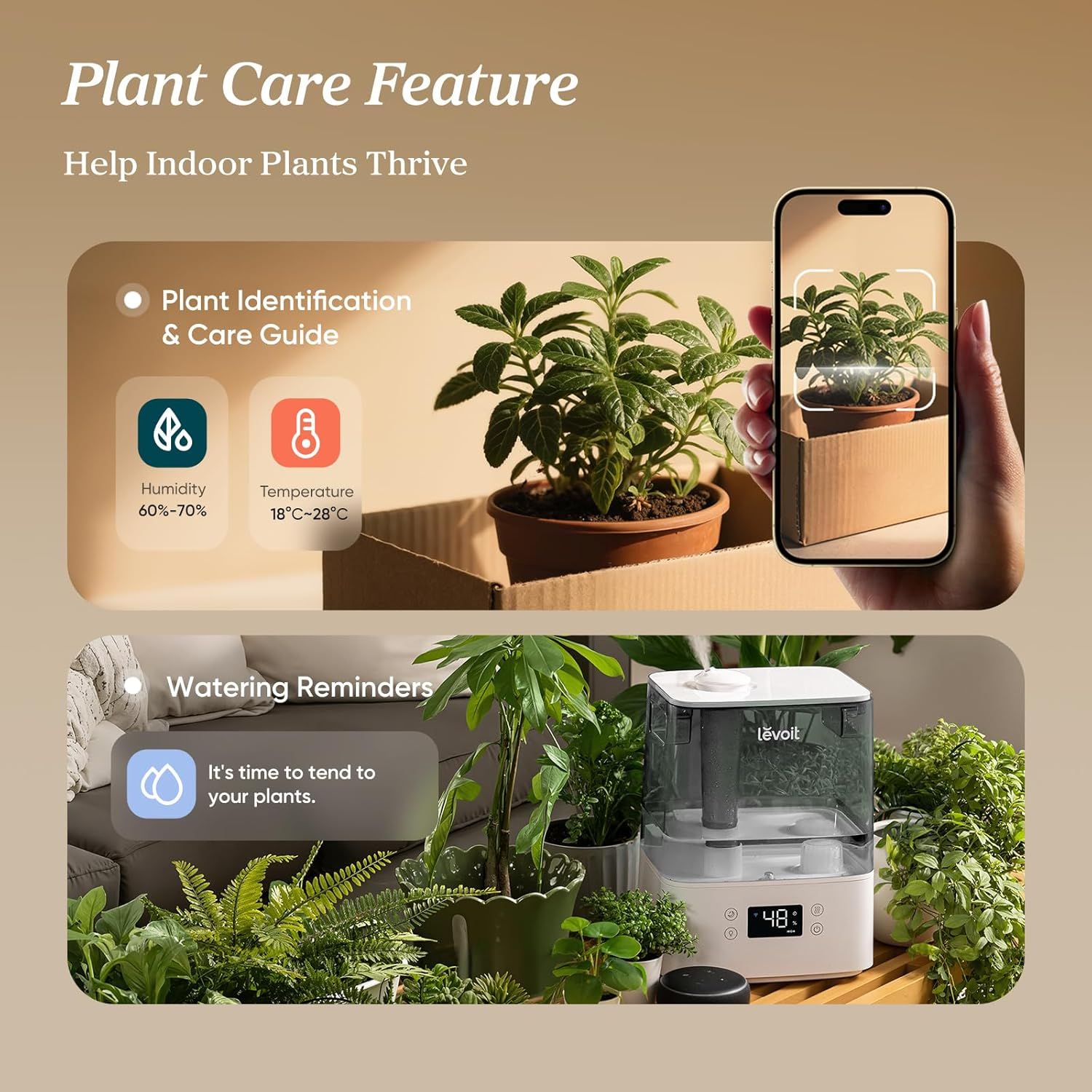Communicates multiple smart features of the product including plant identification with humidity and temperature monitoring, and automated watering reminders to help shoppers understand the…