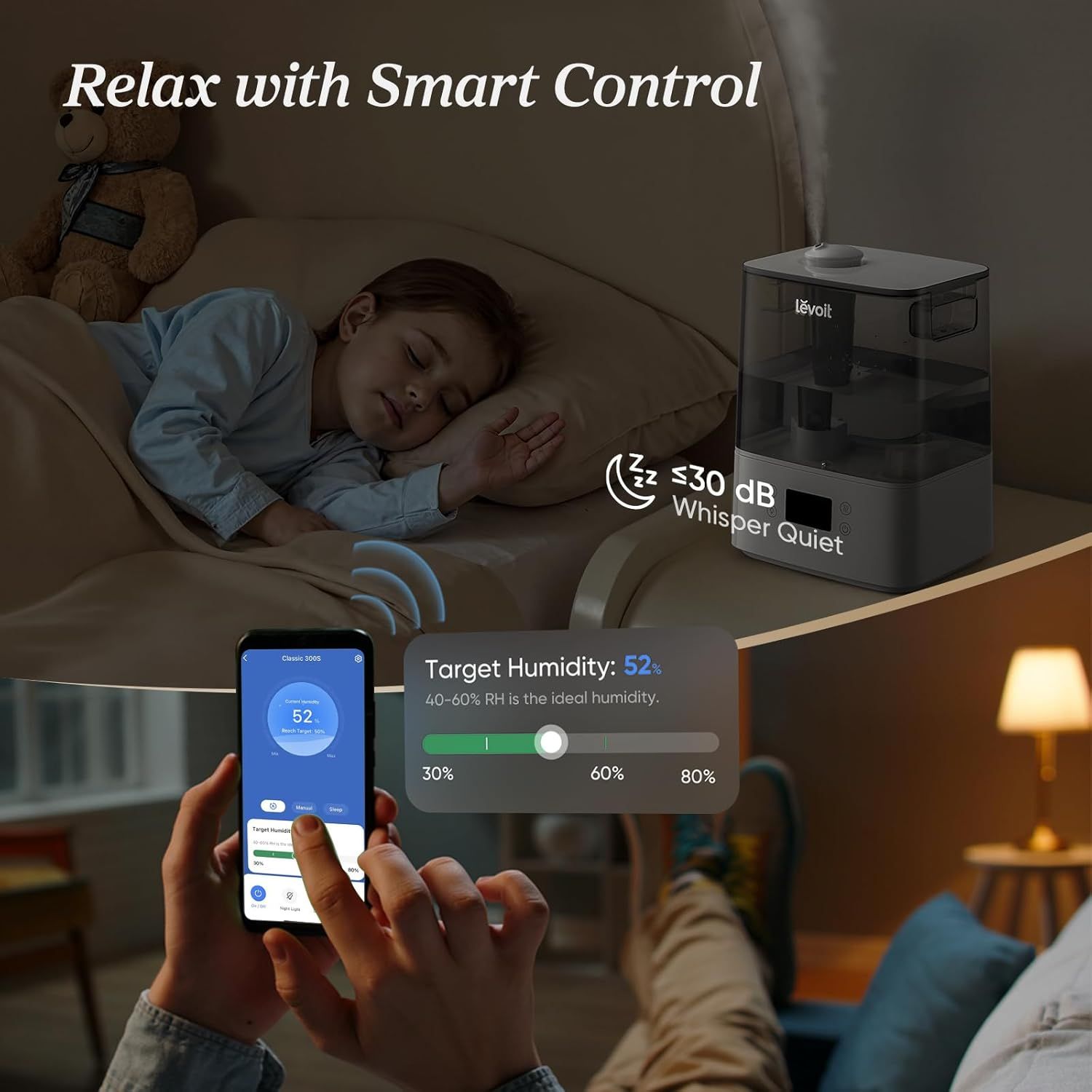 Demonstrates multiple key benefits of the humidifier including smart app control, quiet operation (≤30 dB), and precise humidity targeting to reassure shoppers of convenience, sleep-friendly…