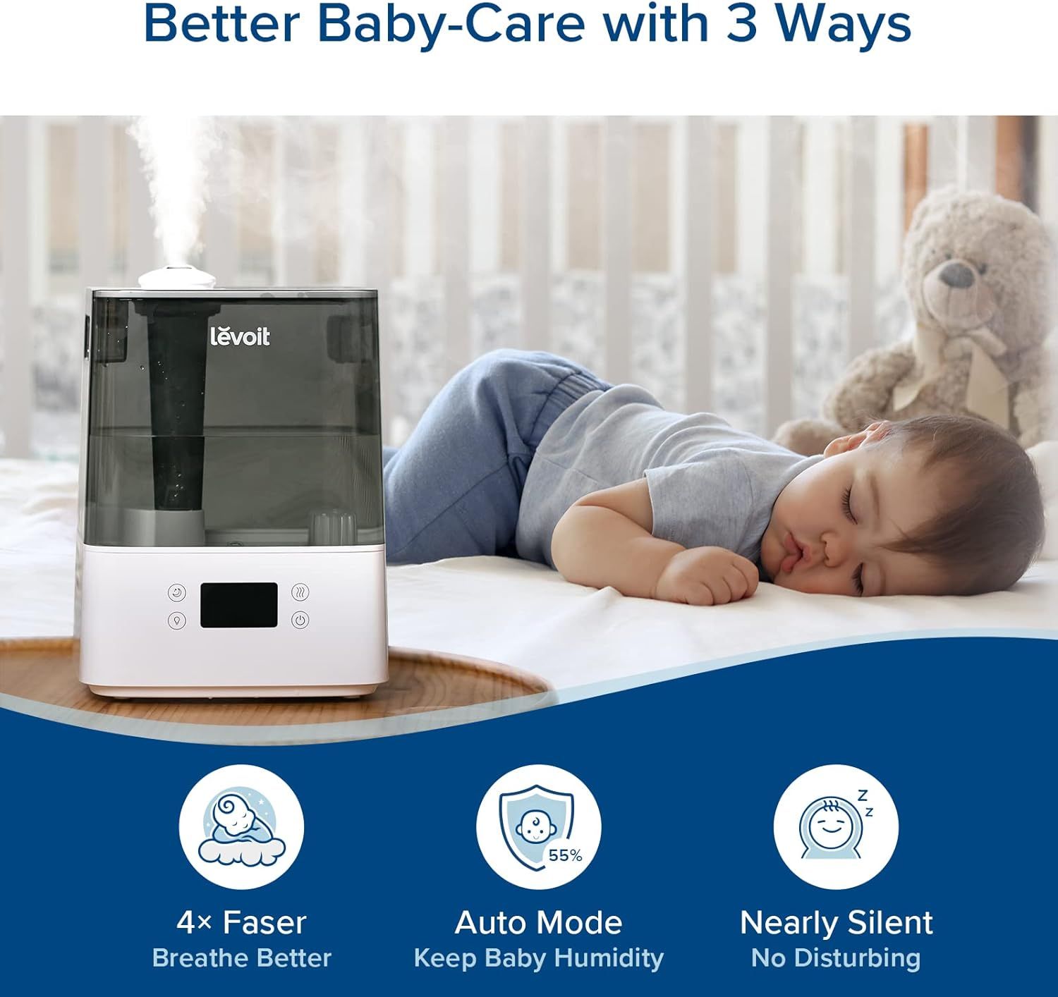 Communicates three distinct benefits of the humidifier in a segmented layout to show parents how it improves baby care through faster operation, automatic humidity management, and quiet performance.